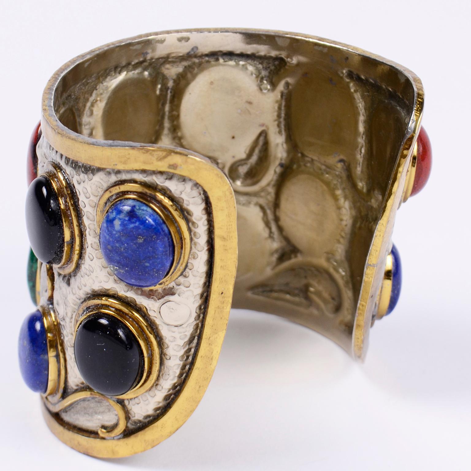 Vintage Morita Gil Chile Dramatic 1980s Gemstone Cabochon Cuff Bracelet In Excellent Condition In Portland, OR