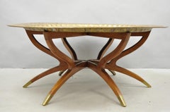 Vintage Moroccan 40" Round Brass Tray Top Teak Folding Spider Leg Coffee Table