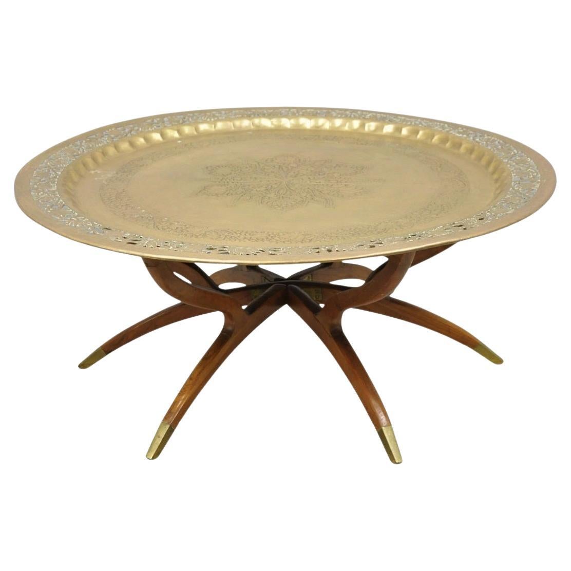 Vintage Moroccan 40" Round Tray Top Brass Teak Folding Spider Leg Coffee Table