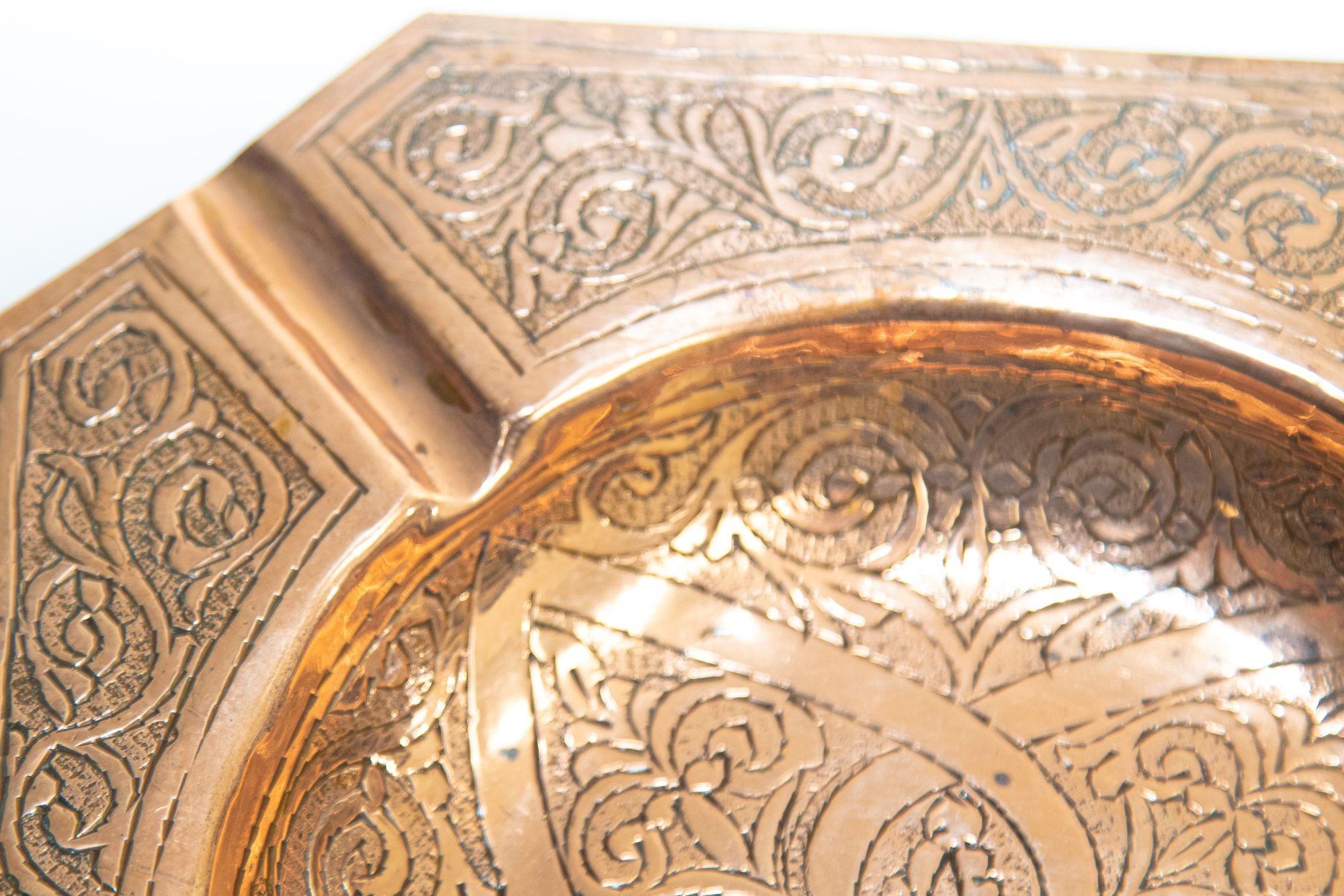 Etched Vintage Moroccan Ashtray Hammered Copper Moorish Design Octagonal Dish 1950's
