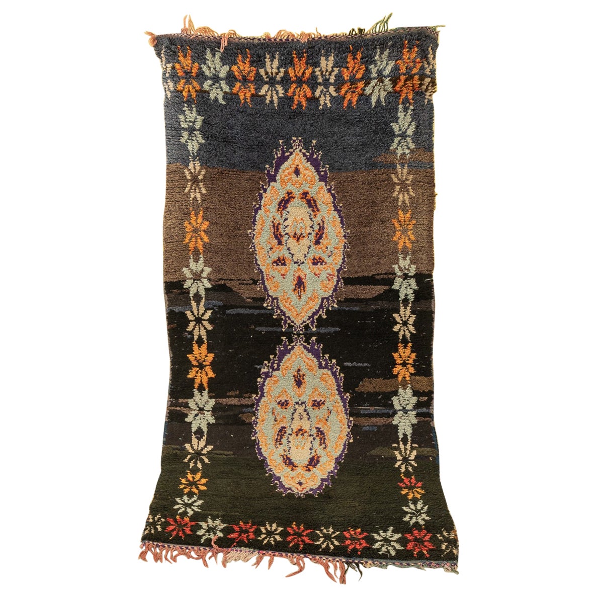Marokkanischer Azilal-Berberteppich aus dem hohen Atlasgebirge in Schwarz, Blau, Orange und Beige