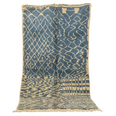 Vintage Moroccan Azilal Berber Rug High Atlas Mountains Blue Creamy Wool