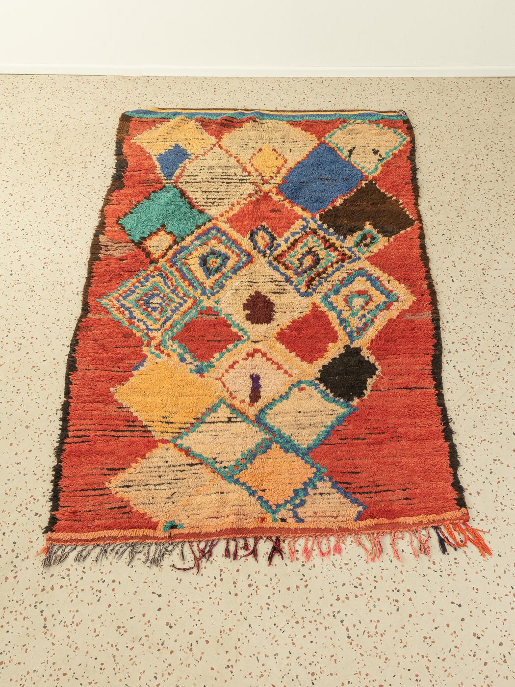 Hand-Woven Vintage Moroccan Azilal Berber Rug High Atlas Mountains Red Blue Beige Black For Sale
