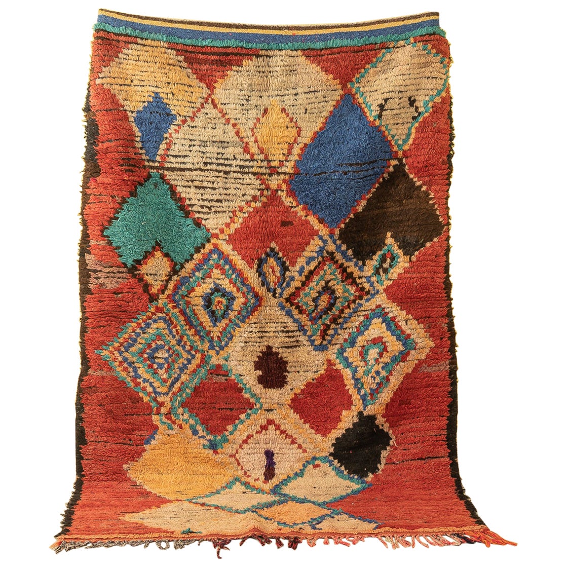 Tappeto marocchino vintage Azilal Berbero Alto Atlante Rosso Blu Beige Nero