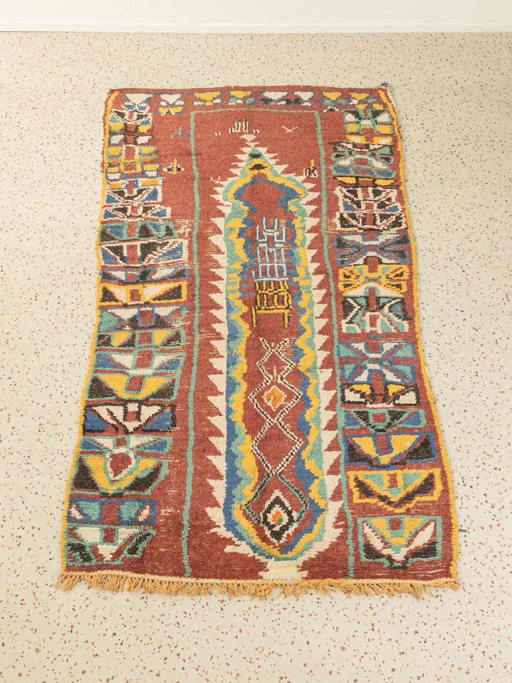 Hand-Woven Vintage Moroccan Azilal Berber Rug High Atlas Mountains Red Yellow Green Beige For Sale