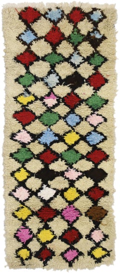 Used Moroccan Azilal Rug, Berber Colorful Boucherouite Rug with Tribal Style
