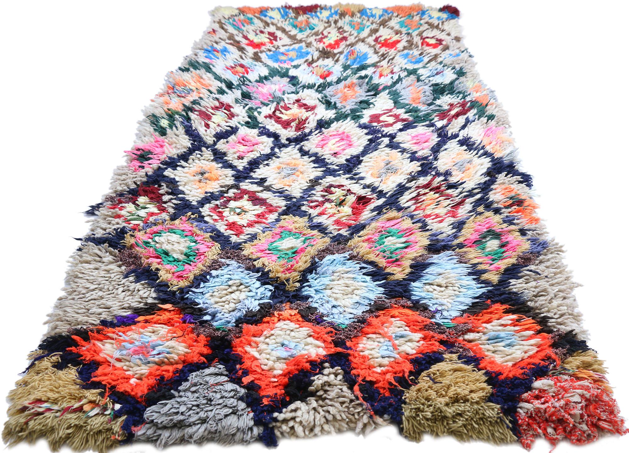Bohemian Vintage Moroccan Azilal Rug, Berber Colorful Boucherouite Rug with Tribal Style