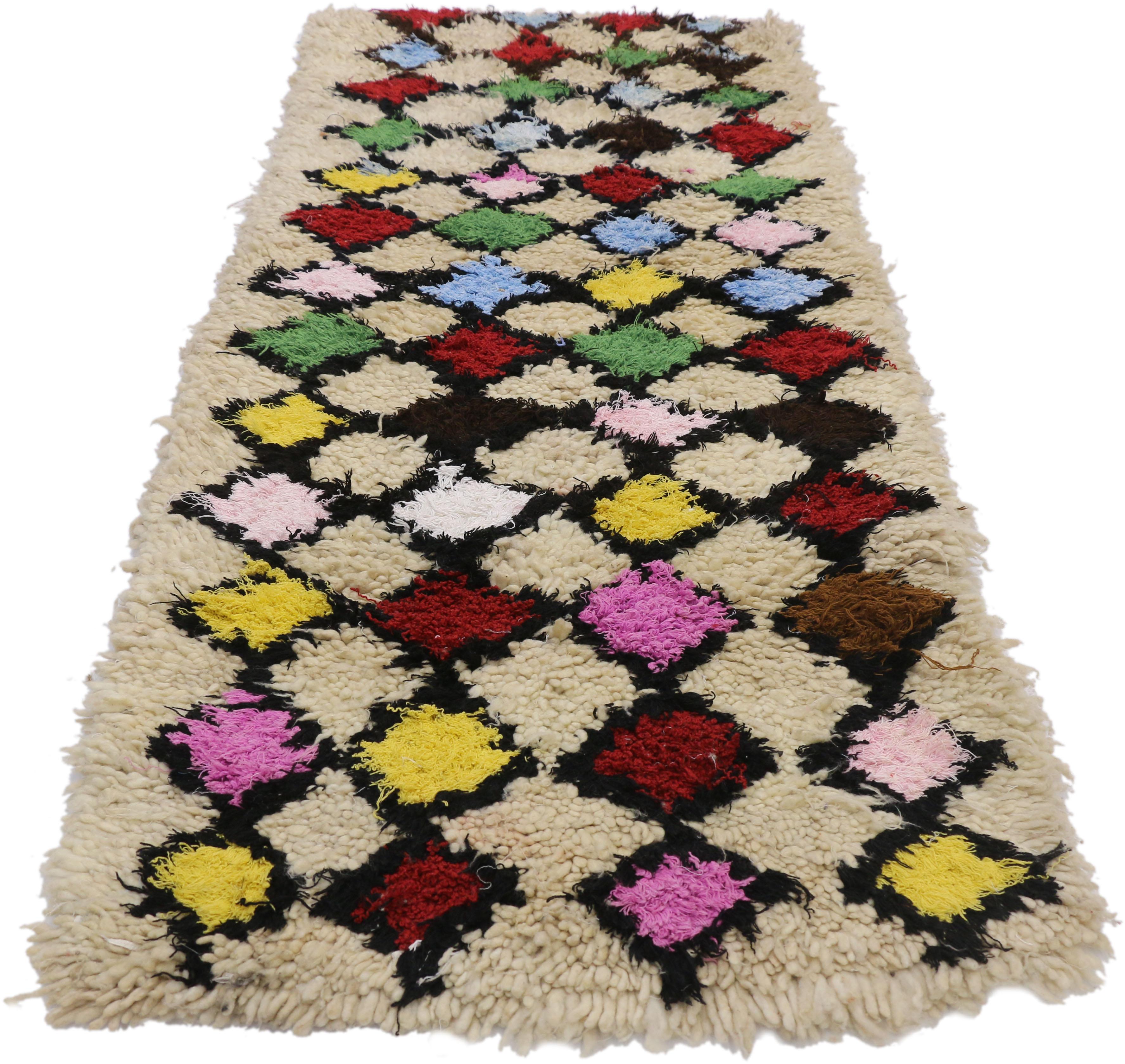 Bohemian Vintage Moroccan Azilal Rug, Berber Colorful Boucherouite Rug with Tribal Style