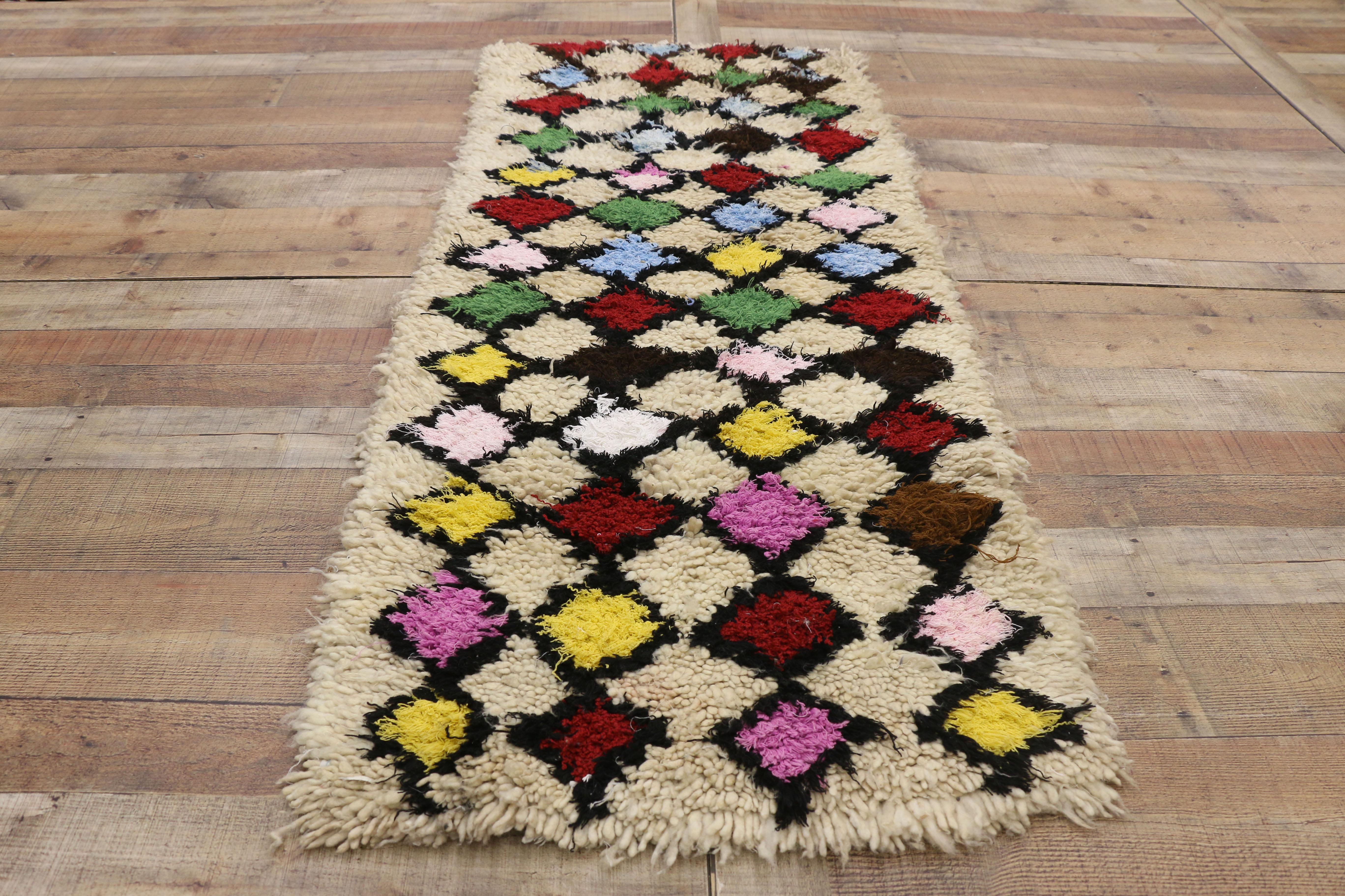 Wool Vintage Moroccan Azilal Rug, Berber Colorful Boucherouite Rug with Tribal Style
