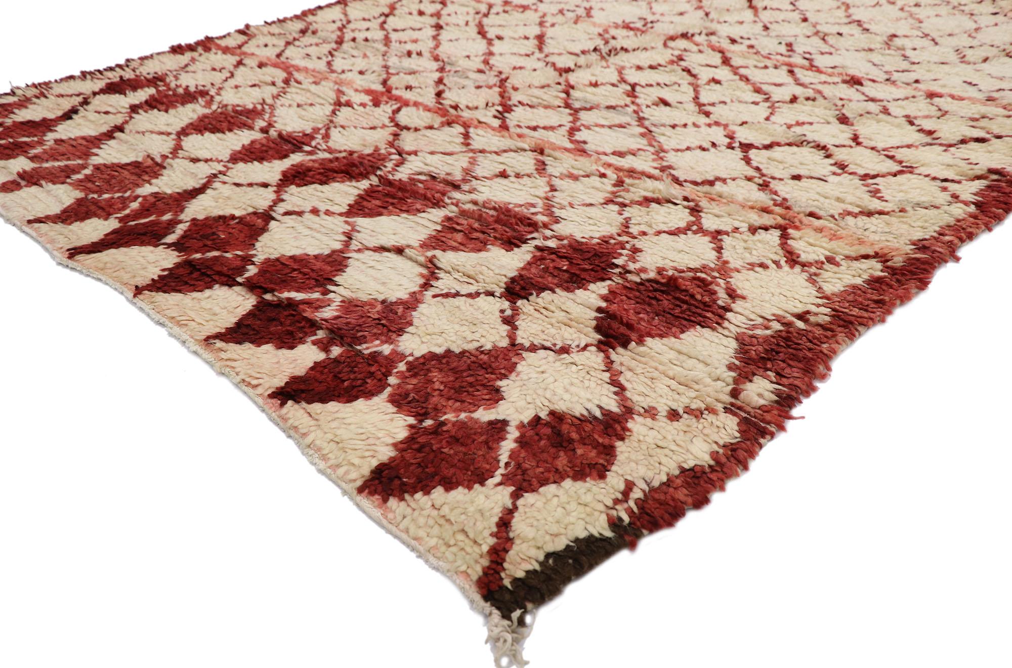 21458 Vintage Moroccan Azilal rug, 05'10 x 07'07.
Emanating nomadic charm with incredible detail and texture, this hand knotted wool vintage Azilal Moroccan rug is a captivating vision of woven beauty. The eye-catching diamond trellis and lively