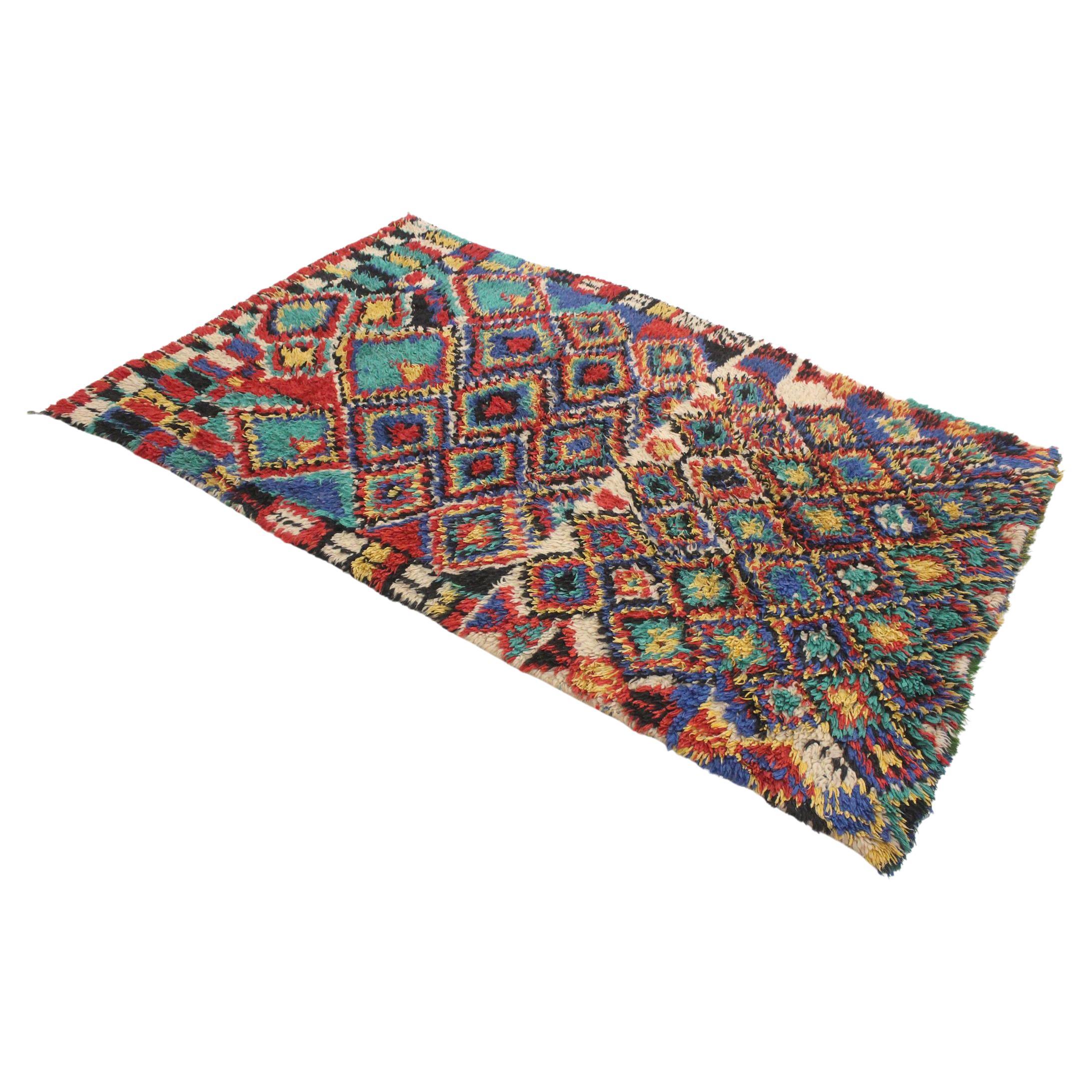 Marokkanischer Azilal-Teppich im Vintage-Stil - Blau/rot/grün - 4.1x6,5feet / 125x200cm