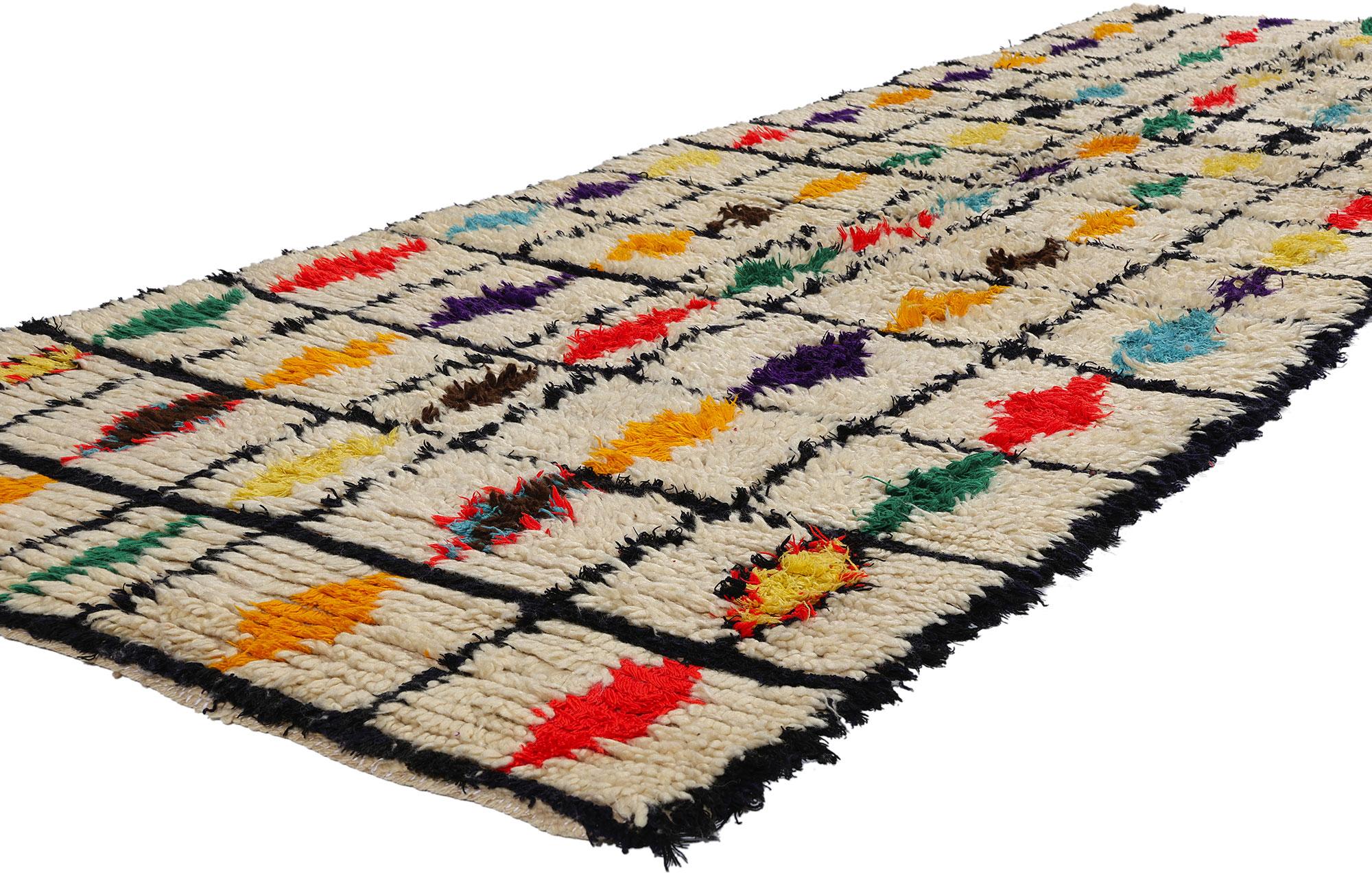 21805 Colorful Vintage Moroccan Azilal Rug, 03'08 x 10'07. Embark on a captivating odyssey through the vibrant world of Azilal rugs, where the narrative gracefully unfolds from the lively heart of the provincial capital in central Morocco, cradled