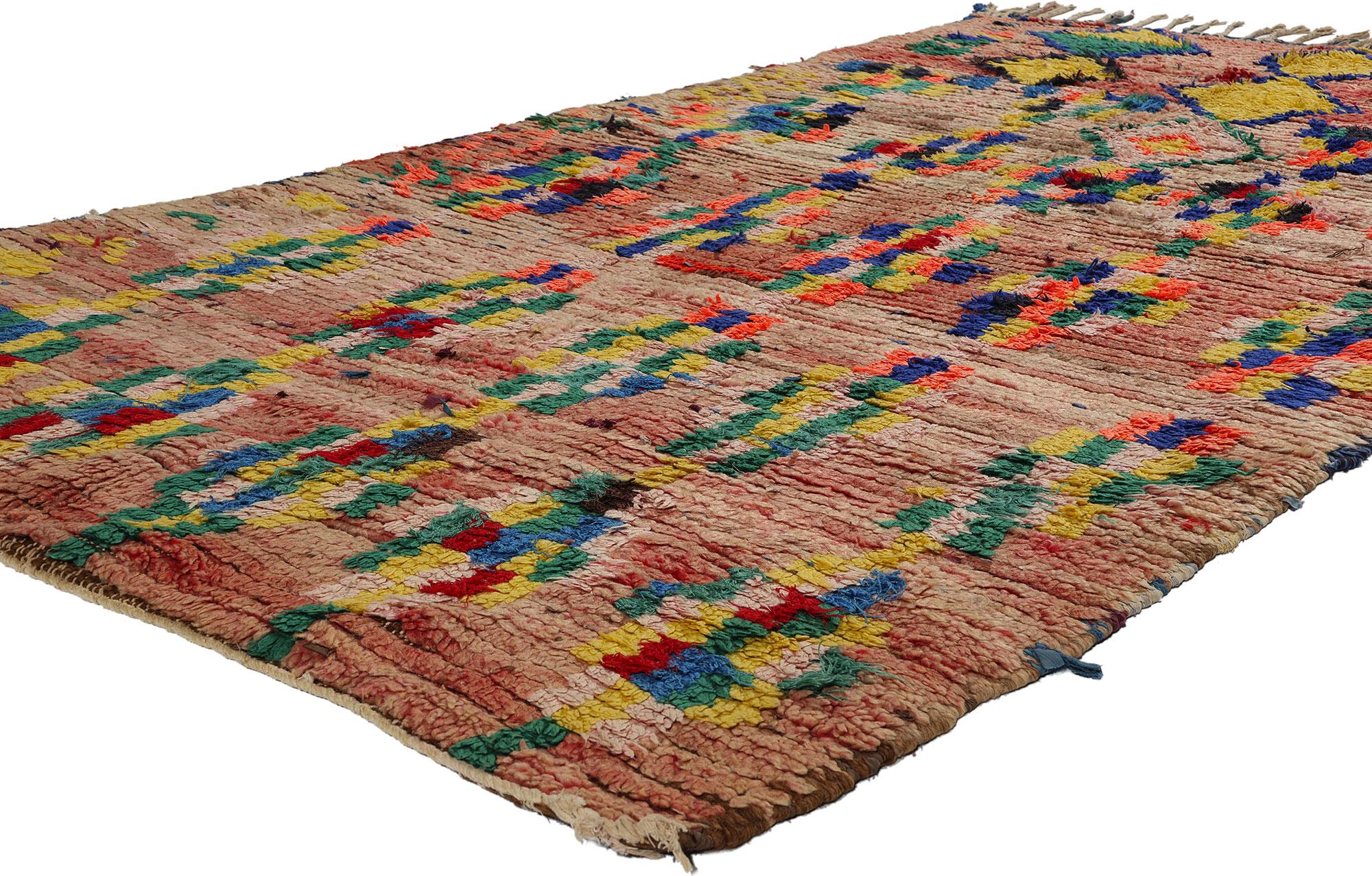 21797 Colorful Vintage Moroccan Azilal Rug, 04'03 x 08'01. Delve into the opulent heritage of Azilal rugs unfurling from the dynamic core of the provincial capital in central Morocco, securely nestled within the High Atlas Mountains. Celebrated for