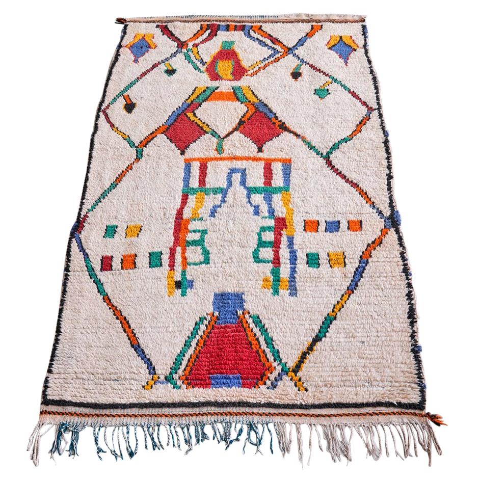 Moroccan Azilal Rug in White with Geometric Pattern in Primary Colors 