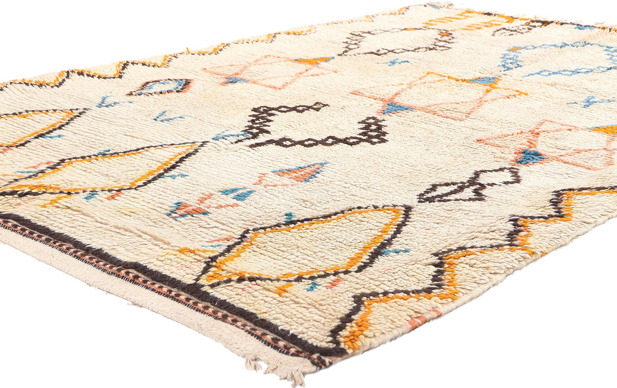 74732 Vintage Moroccan Azilal Rug, 04'07 x 06'03.
Step into the enchanting world of this hand knotted wool vintage Moroccan Azilal rug, a testament to the skilled hands of Jewish artisans of Morocco. Azilal rugs are renowned for their lively,