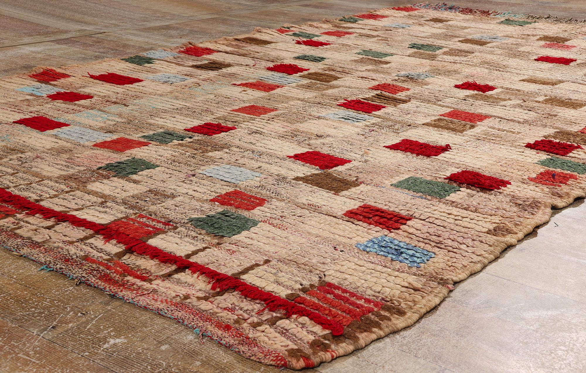 Wool Vintage Moroccan Azilal Rug, Midcentury Cubism Meets Tribal Enchantment For Sale