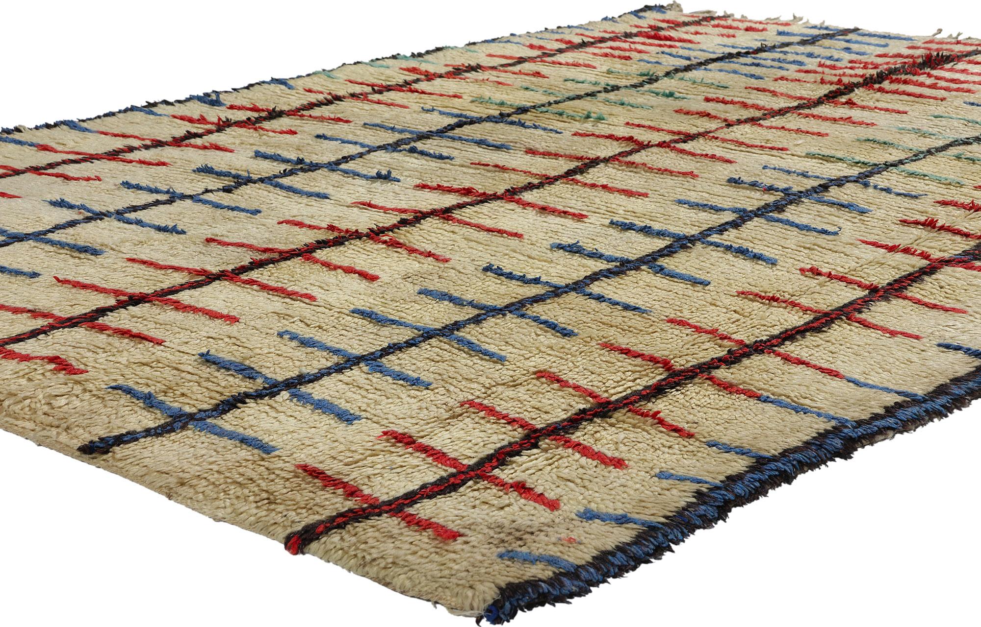 21811 Vintage Moroccan Azilal Rug, 05'03 x 06'10. Immerse yourself in the timeless allure of Midcentury Modern and bohemian style with this hand knotted wool vintage Moroccan Azilal rug. Effortlessly blending linear artistry with well-balanced