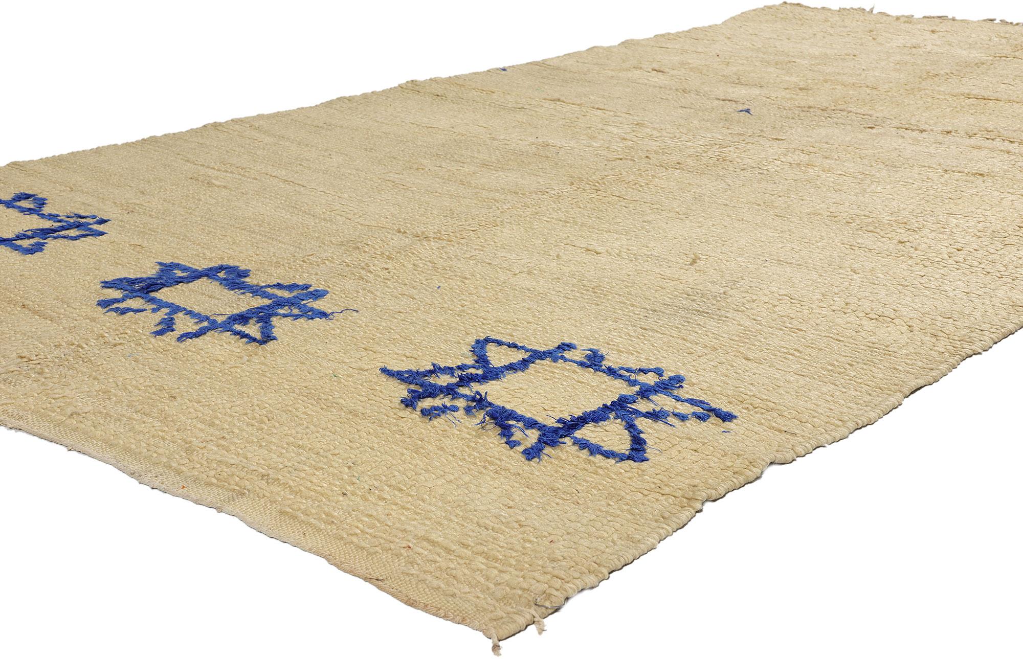 21756 Blue and Beige Vintage Moroccan Azilal Rug, 04'11 x 09'07. Enter the captivating essence of this hand-knotted wool vintage Moroccan rug from Azilal, nestled in the High Atlas Mountains. Adorned with three mesmerizing blue Solomon Star motifs,