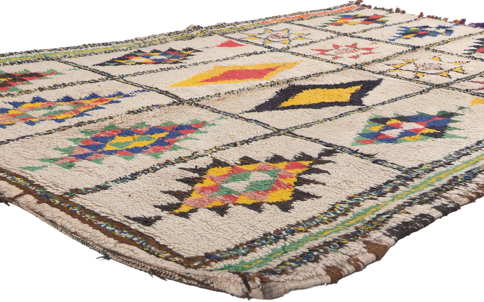 20286 Vintage Moroccan Azilal Rug, 05'01 x 07'05. Bohemian allure meets nomadic enchantment in this hand-knotted wool vintage Berber Moroccan Azilal rug. The captivating compartmentalized design and lively colors woven into this piece seamlessly