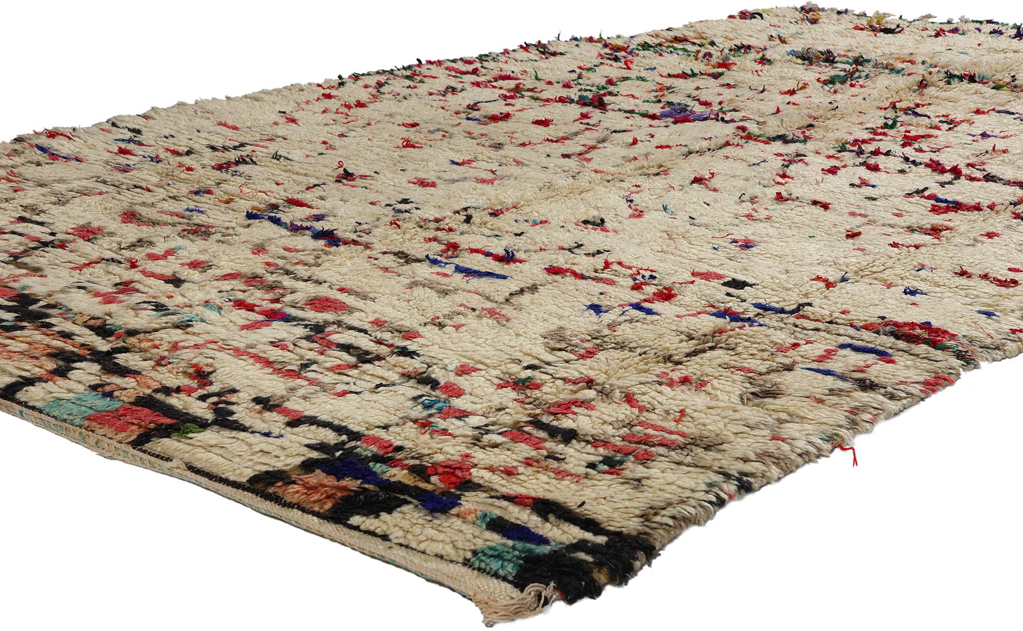 21823 Vintage Moroccan Azilal Rug, 05'01 x 08'04. Embark on a captivating exploration into the beguiling world of Azilal rugs, where the narrative unfolds from the bustling core of the provincial capital in central Morocco, cradled by the majestic