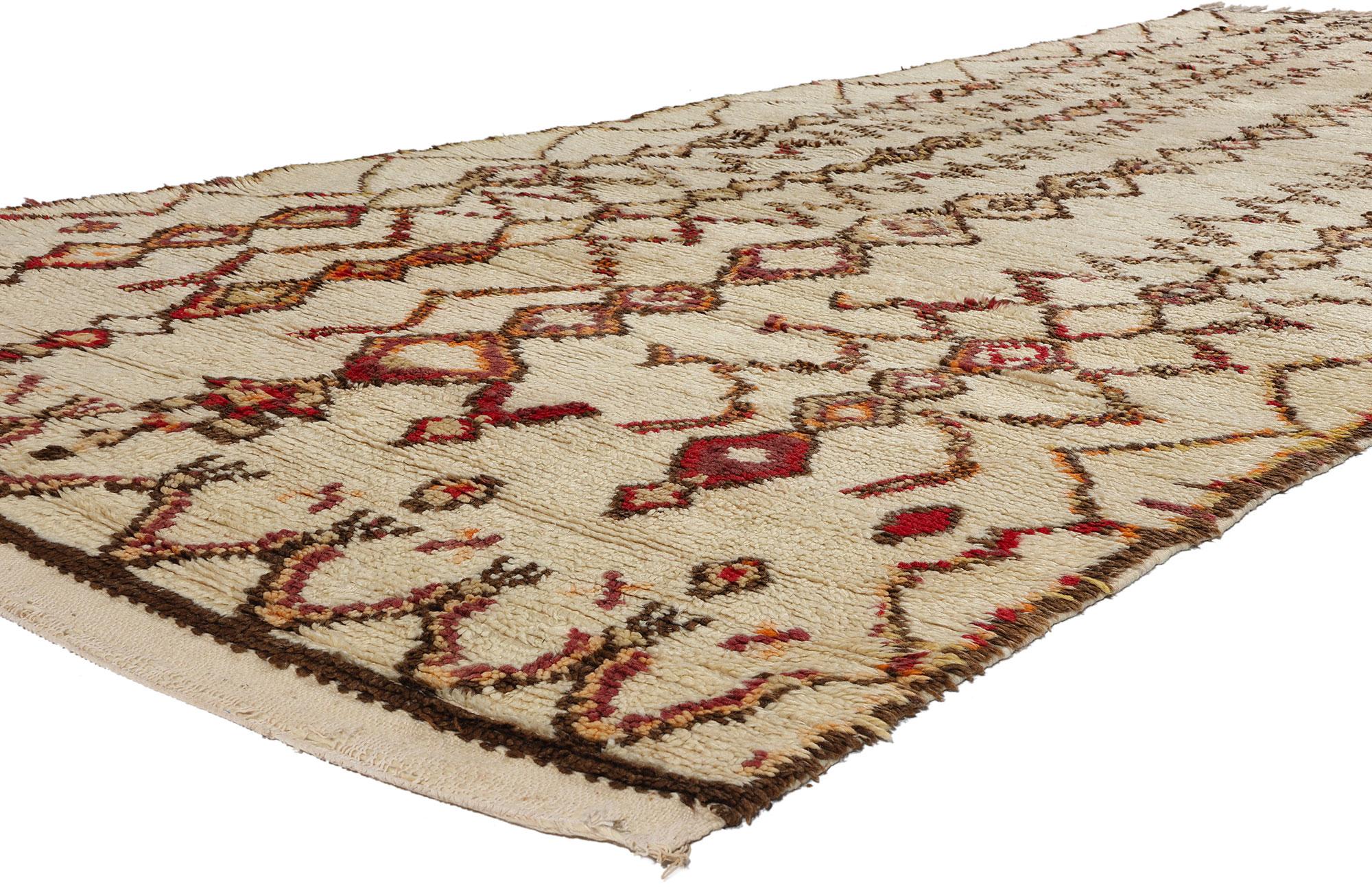 21826 Vintage Neutral Moroccan Azilal Rug, 05'02 x 11'11. Embark on a captivating journey into the lush heritage of Azilal rugs, unfolding from the lively heart of the provincial capital in central Morocco, cradled by the majestic High Atlas