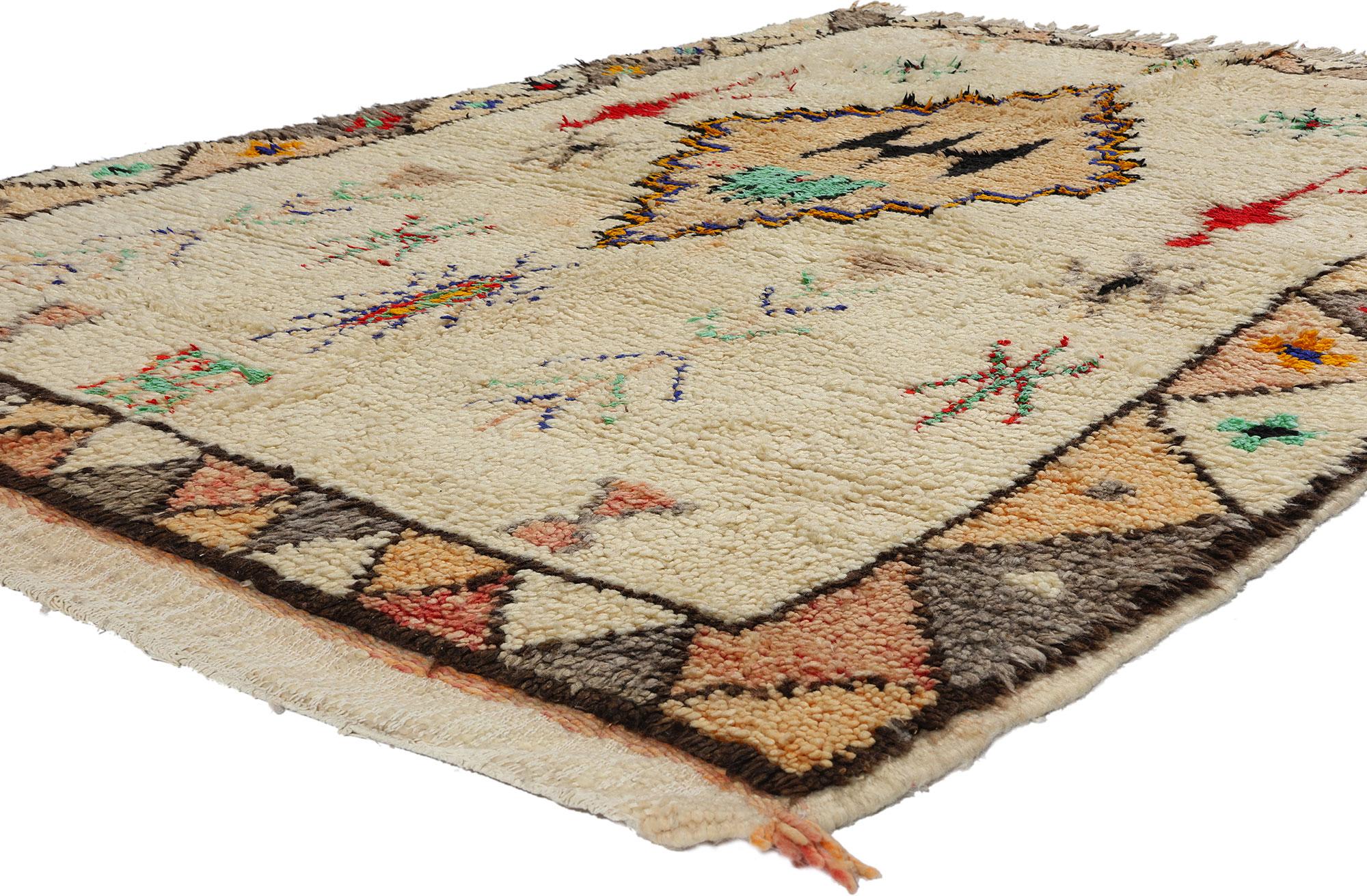 21827 Colorful Vintage Moroccan Azilal Rug, 05'04 x 07'06. Embark on a journey through the storied legacy of Azilal rugs, unfurling from the vibrant heart of the provincial capital in central Morocco, cradled within the embrace of the High Atlas