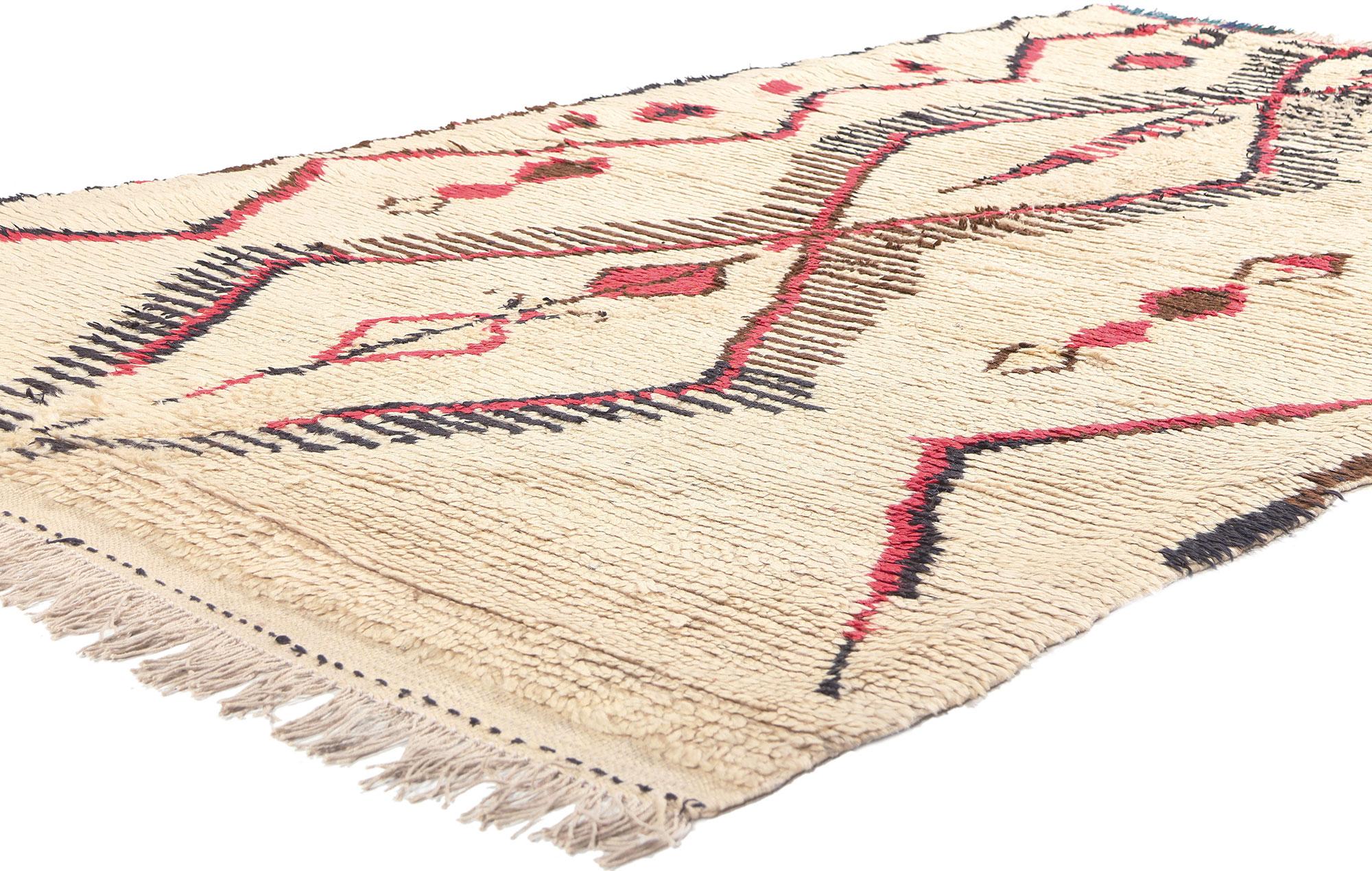 20020 Vintage Berber Moroccan Azilal Rug, 04’06 x 07’06. 

Enter the realm of symbolism woven into this hand-knotted wool vintage Berber Moroccan Azilal rug, where three stacked lozenges take center stage along the rug's center, gracefully outlined