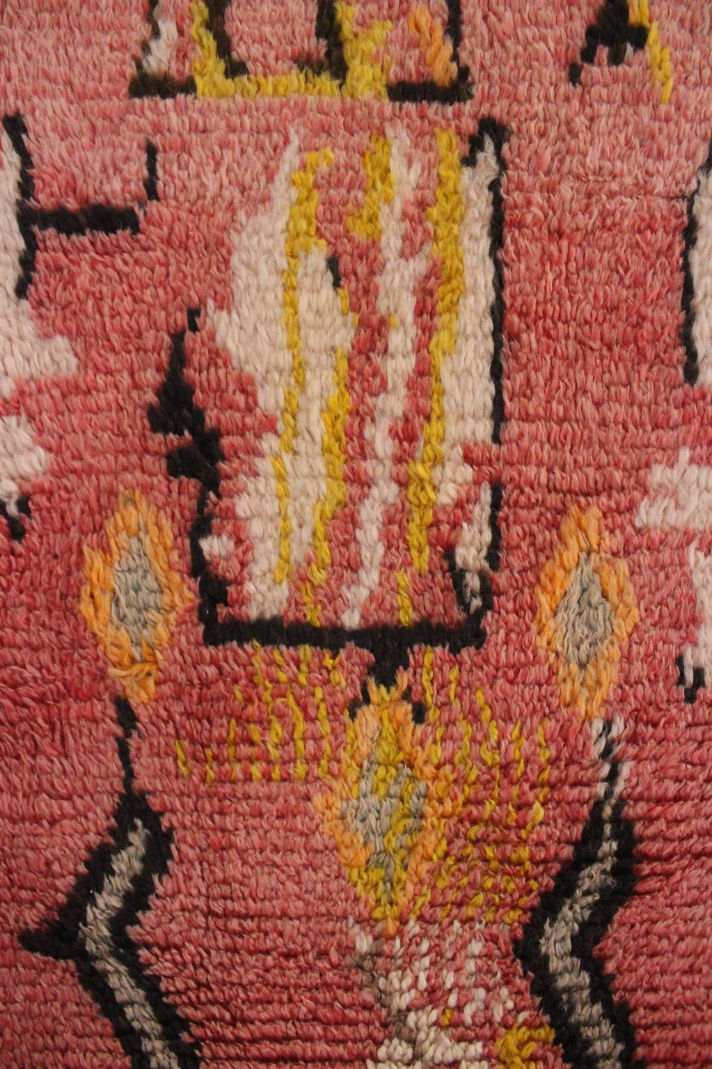 Vintage Moroccan Azilal rug - Pink and yellow - 3.7x7.7feet / 114x236cm For Sale 3