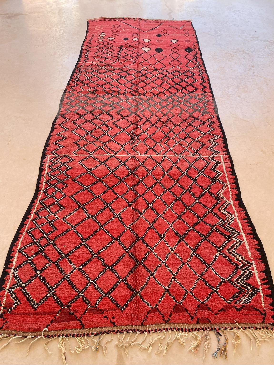20th Century Vintage Moroccan Azilal rug - Red - 4.9x13.4feet / 151x410cm For Sale