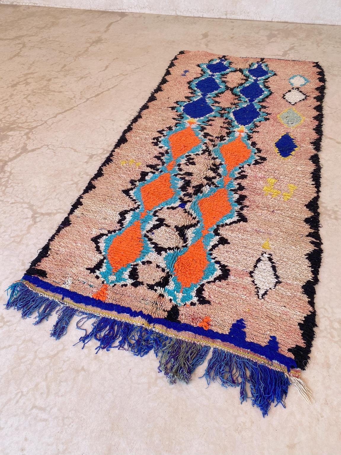 Vintage Moroccan Azilal rug - Salmon/blue - 4.3x9.6feet / 132x295cm For Sale 4