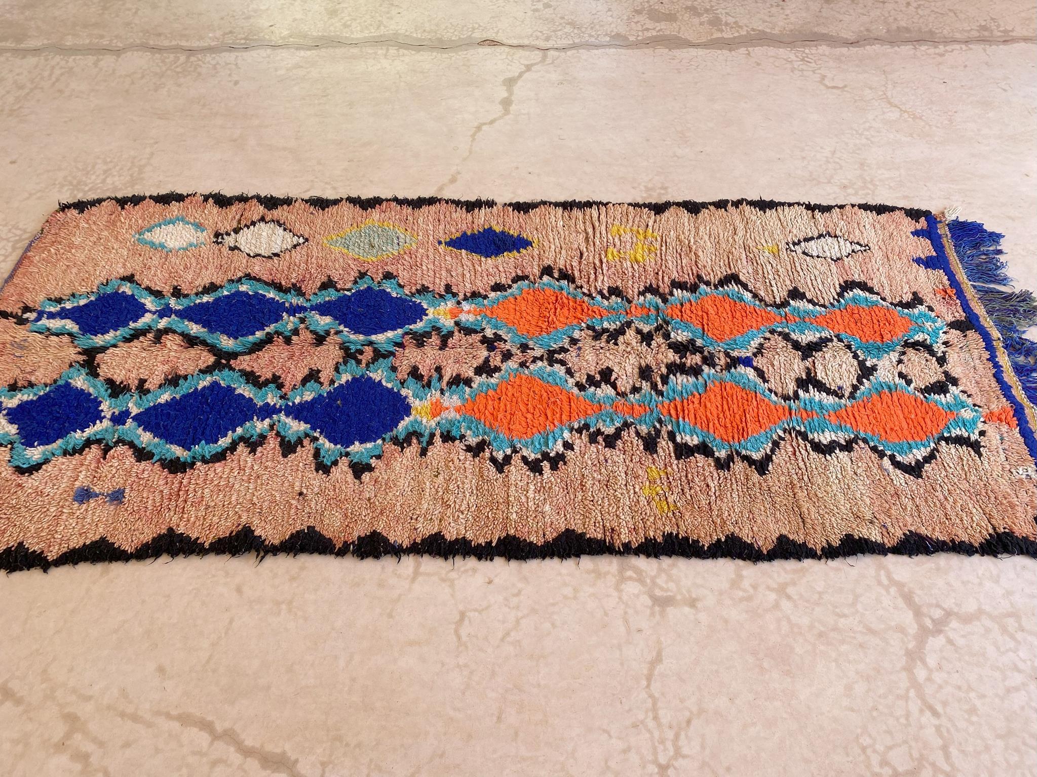 Bohemian Vintage Moroccan Azilal rug - Salmon/blue - 4.3x9.6feet / 132x295cm For Sale