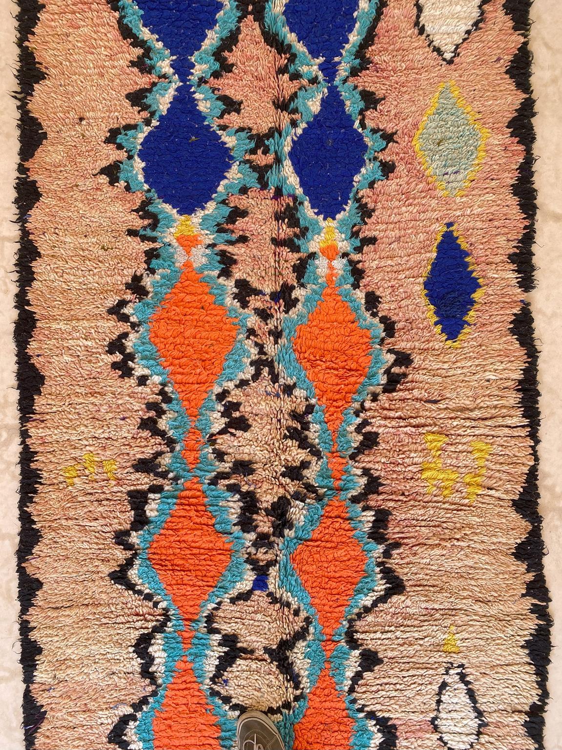 Vintage Moroccan Azilal rug - Salmon/blue - 4.3x9.6feet / 132x295cm For Sale 1