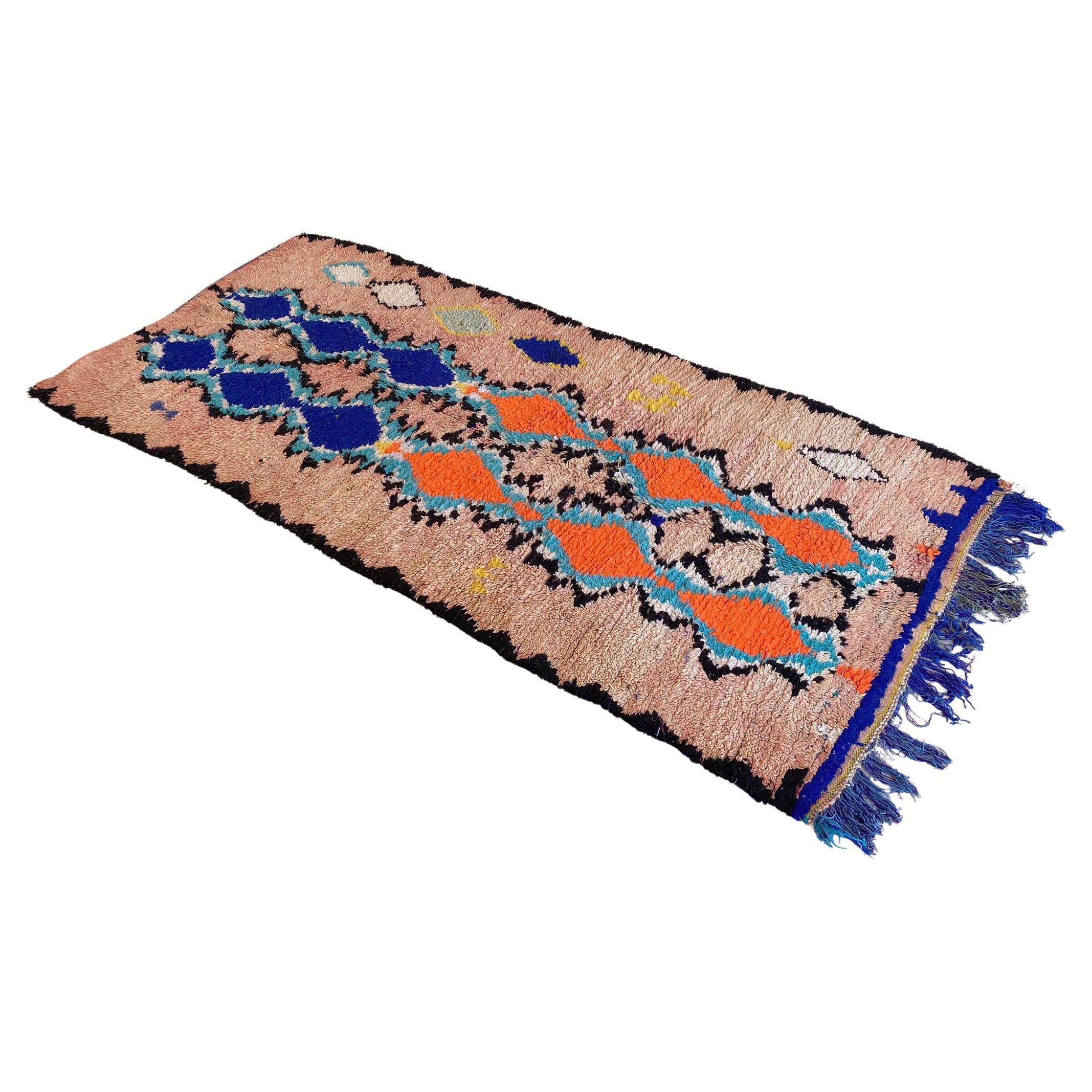 Vintage Moroccan Azilal rug - Salmon/blue - 4.3x9.6feet / 132x295cm