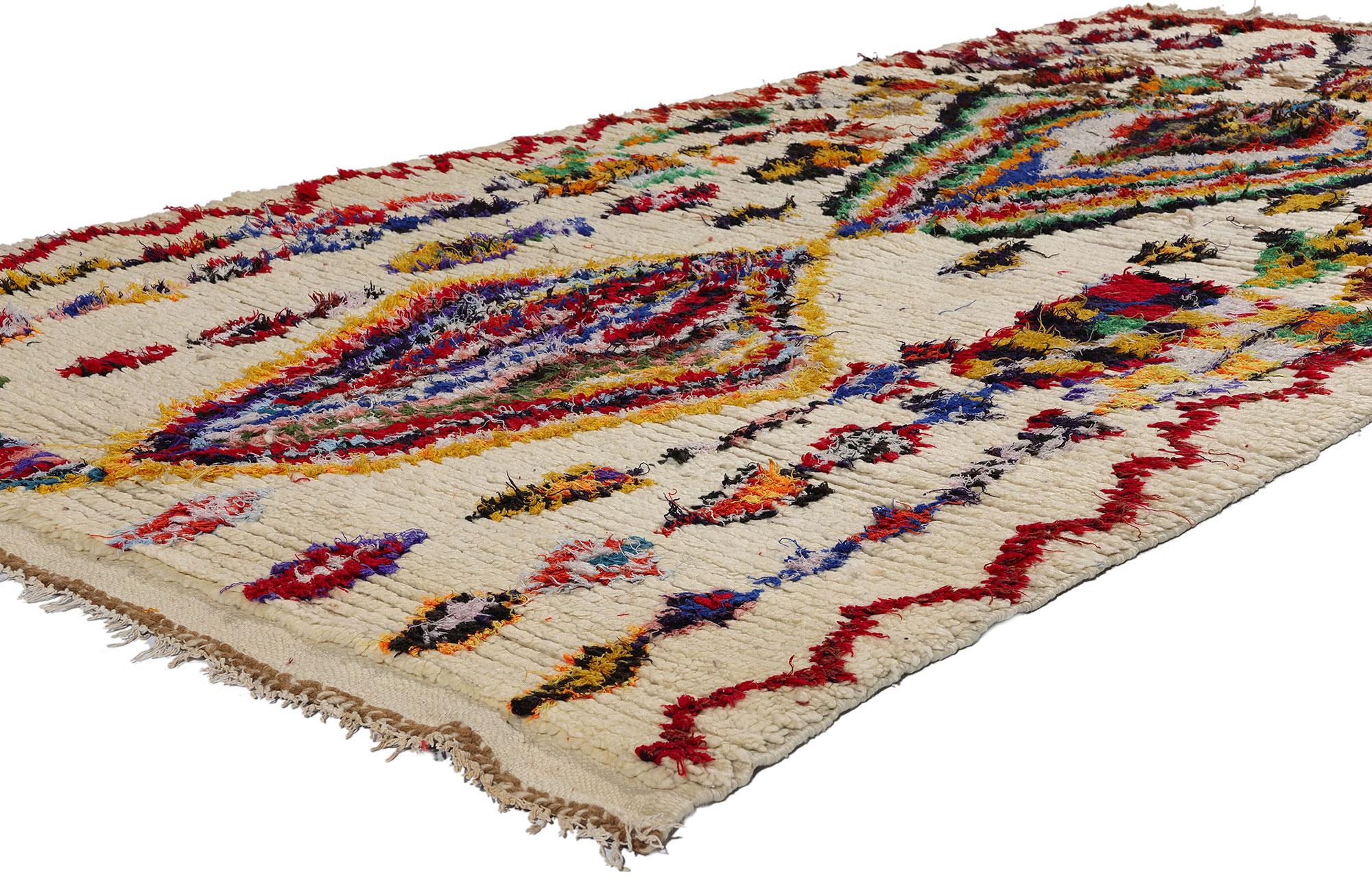 21821 Colorful Vintage Moroccan Azilal Rug, 04'09 x 10'00. Embark on a mesmerizing bohemian odyssey through the vivid realm of Azilal rugs, where the narrative dances gracefully from the vibrant heart of the provincial capital in central Morocco,