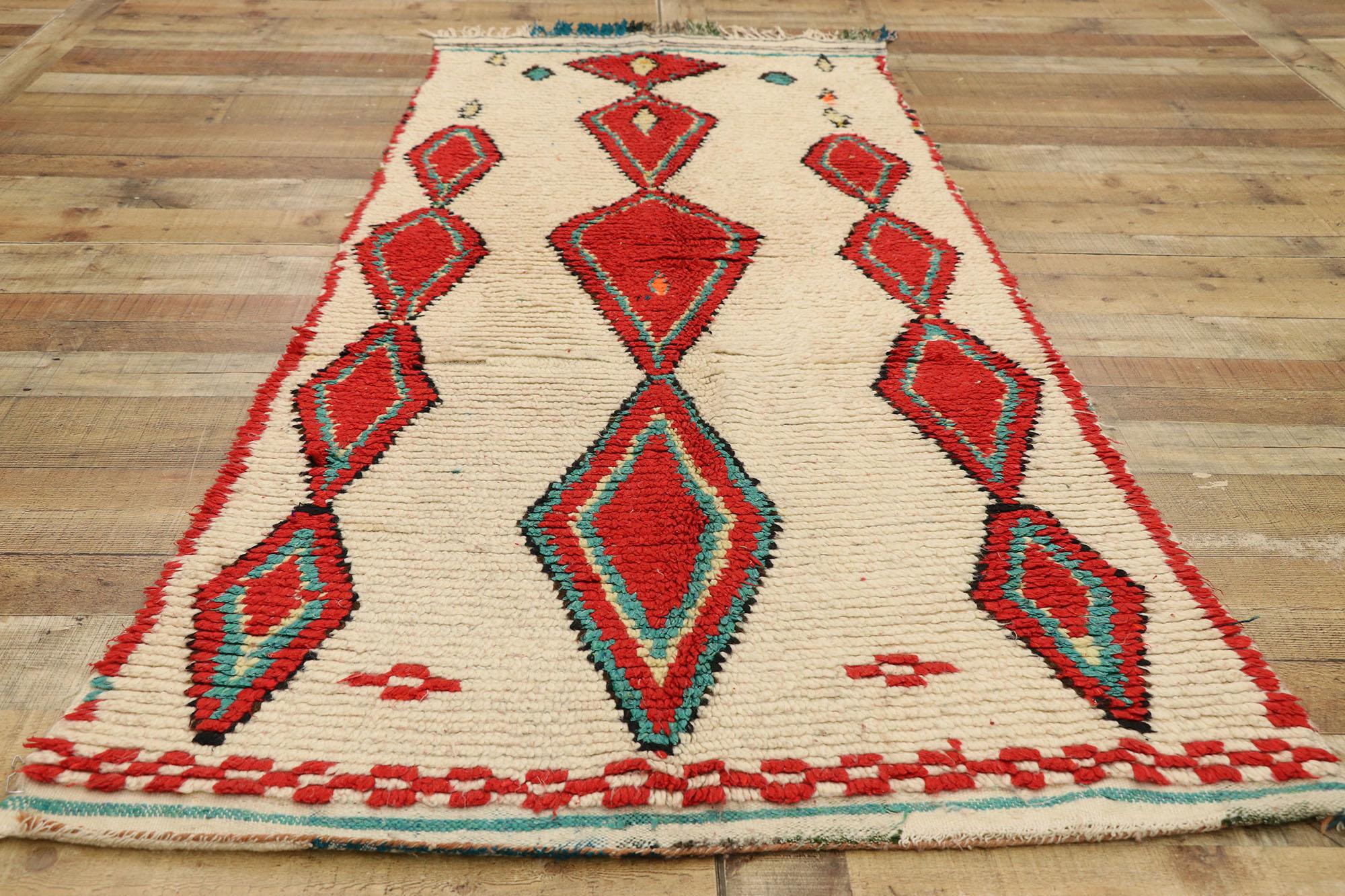 20587 Vintage Berber Moroccan Azilal Rug, 03'00 x 07'05. Begin an immersive exploration into the rich legacy of Azilal rugs, which emanate from the vibrant heart of the provincial capital in central Morocco, nestled amidst the awe-inspiring High