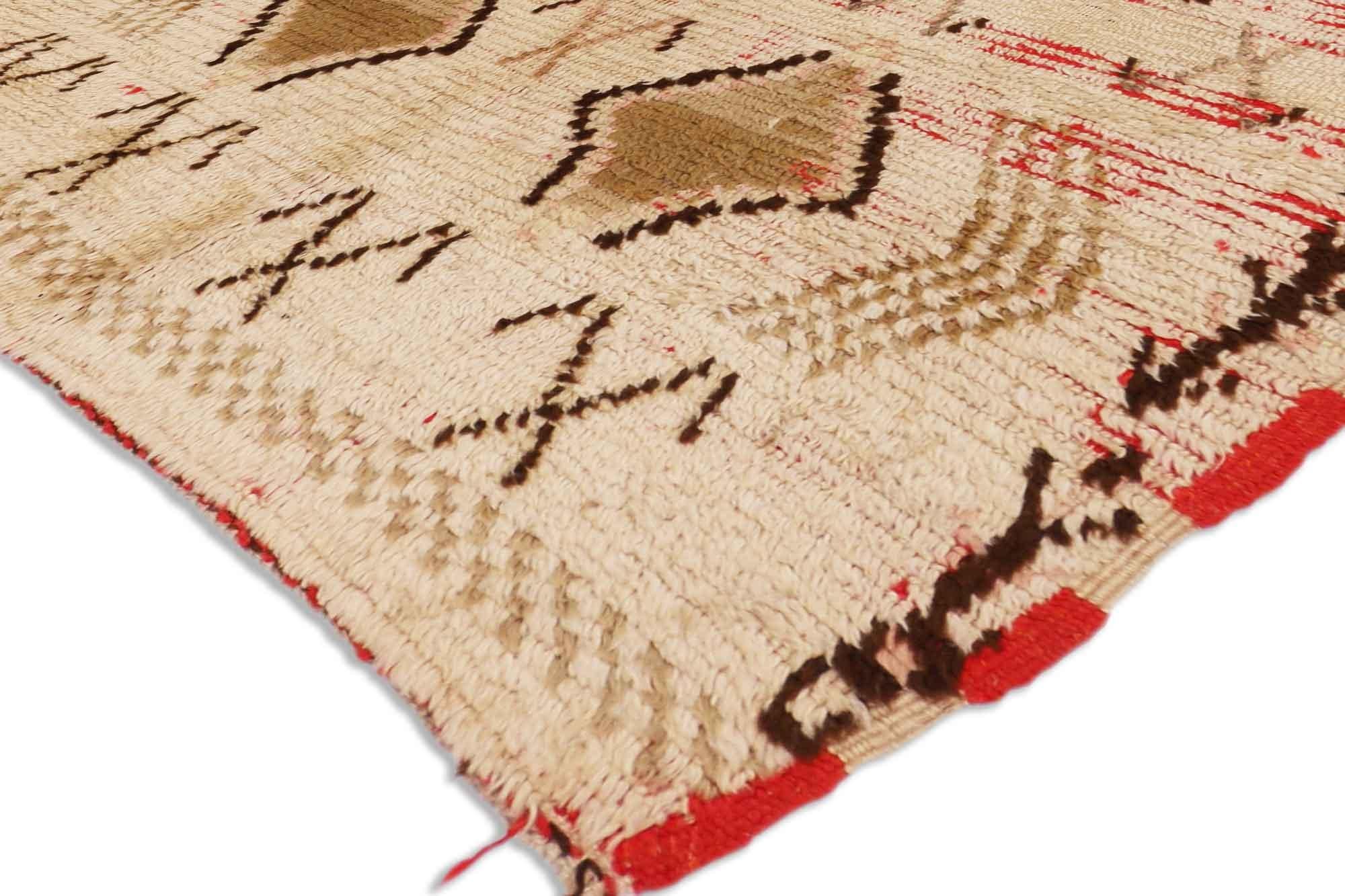 74705 Vintage Moroccan Azilal Rug with Rustic Bohemian Tribal Style. This hand-knotted wool vintage Moroccan Azilal rug features tribal motifs and diamond symbols throughout its composition. Bright red dashes alight with a black vine on the vertical