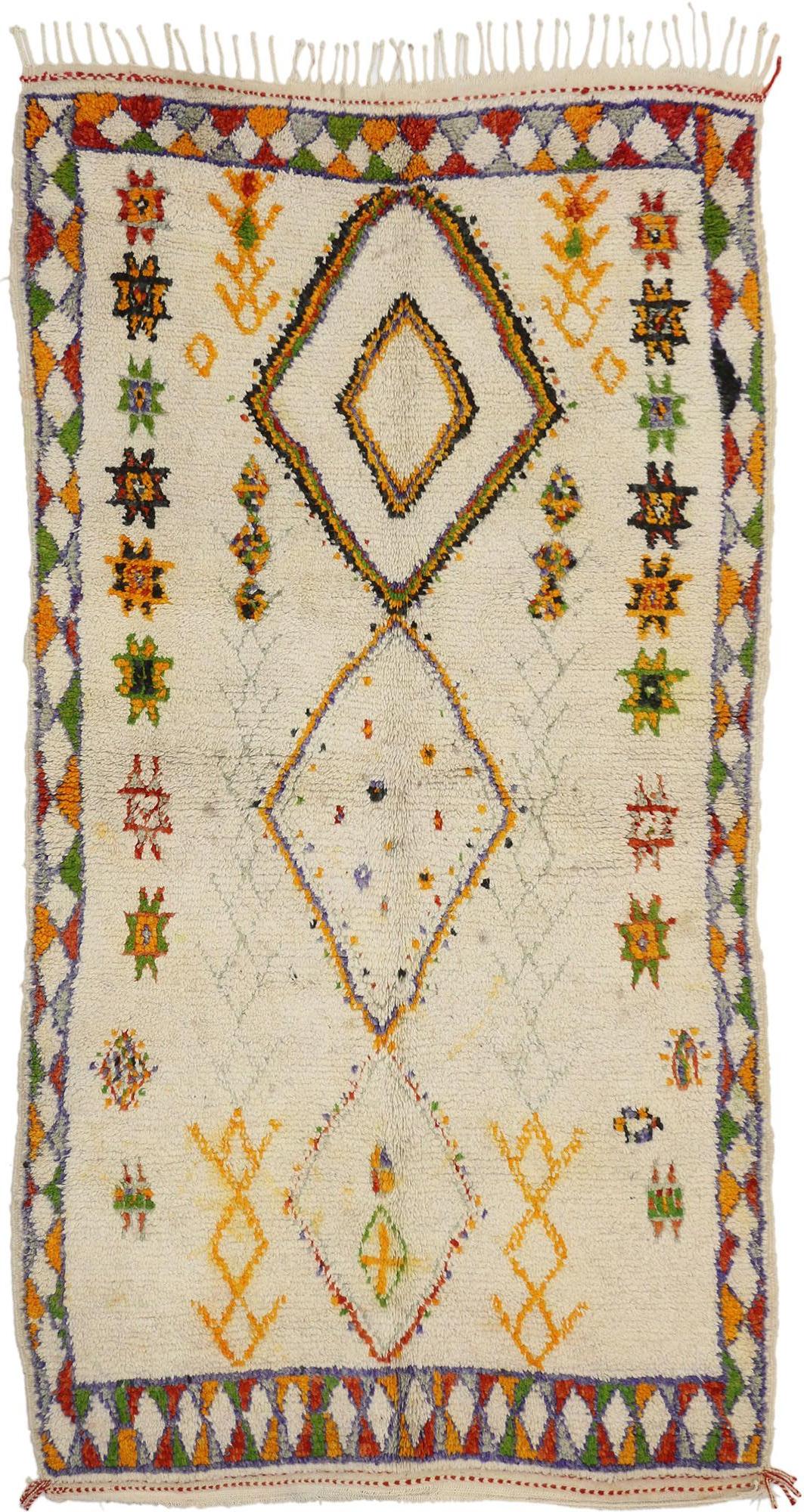 74704 Vintage Berber Moroccan Azilal Rug with Tribal Style. The Moroccan carpets and rugs are part of North Africa's renowned indigenous tribe weaving. This hand-knotted wool vintage Moroccan Azilal rug features three grand scale diamonds that are