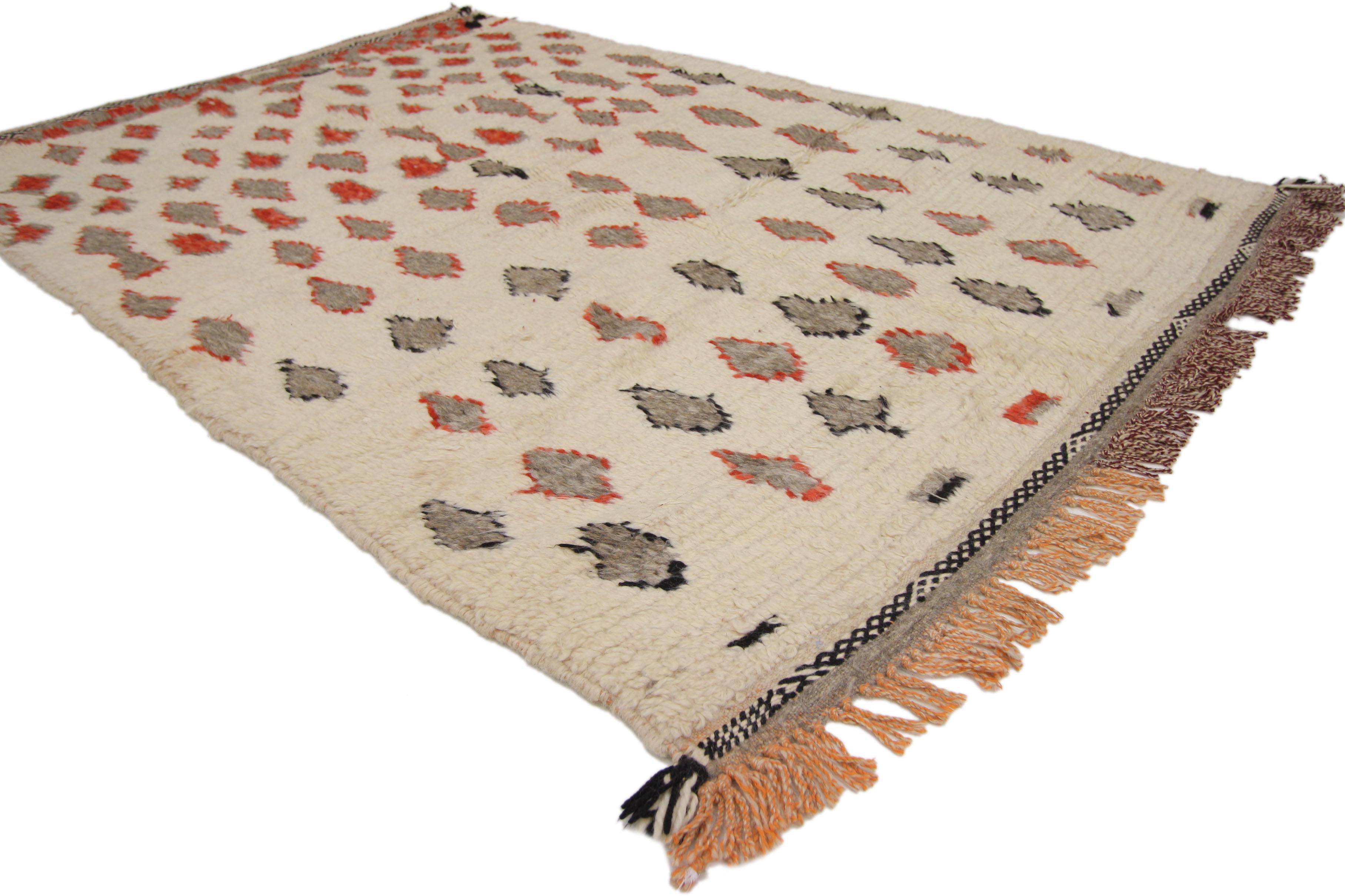 74706 Vintage Moroccan Azilal Rug with Tribal Style, Berber Moroccan Accent Rug. This hand-knotted wool vintage Berber Moroccan Azilal rug features a pattern of all-over diamonds rendered in variegated shades of red, orange and gray outlined in