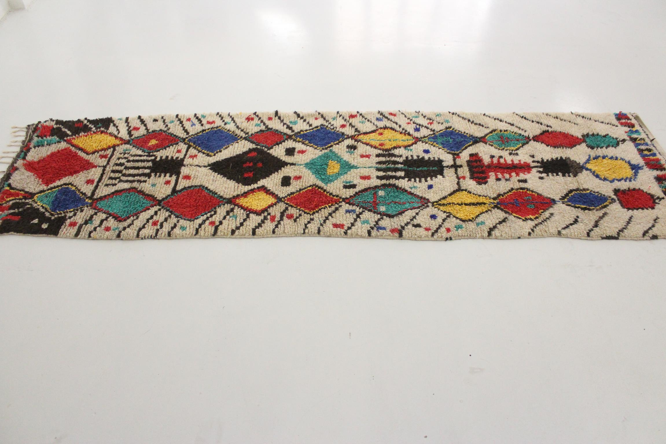 Tribal Vintage Moroccan Azilal runner rug - 3.1x11.3feet / 95x345cm For Sale