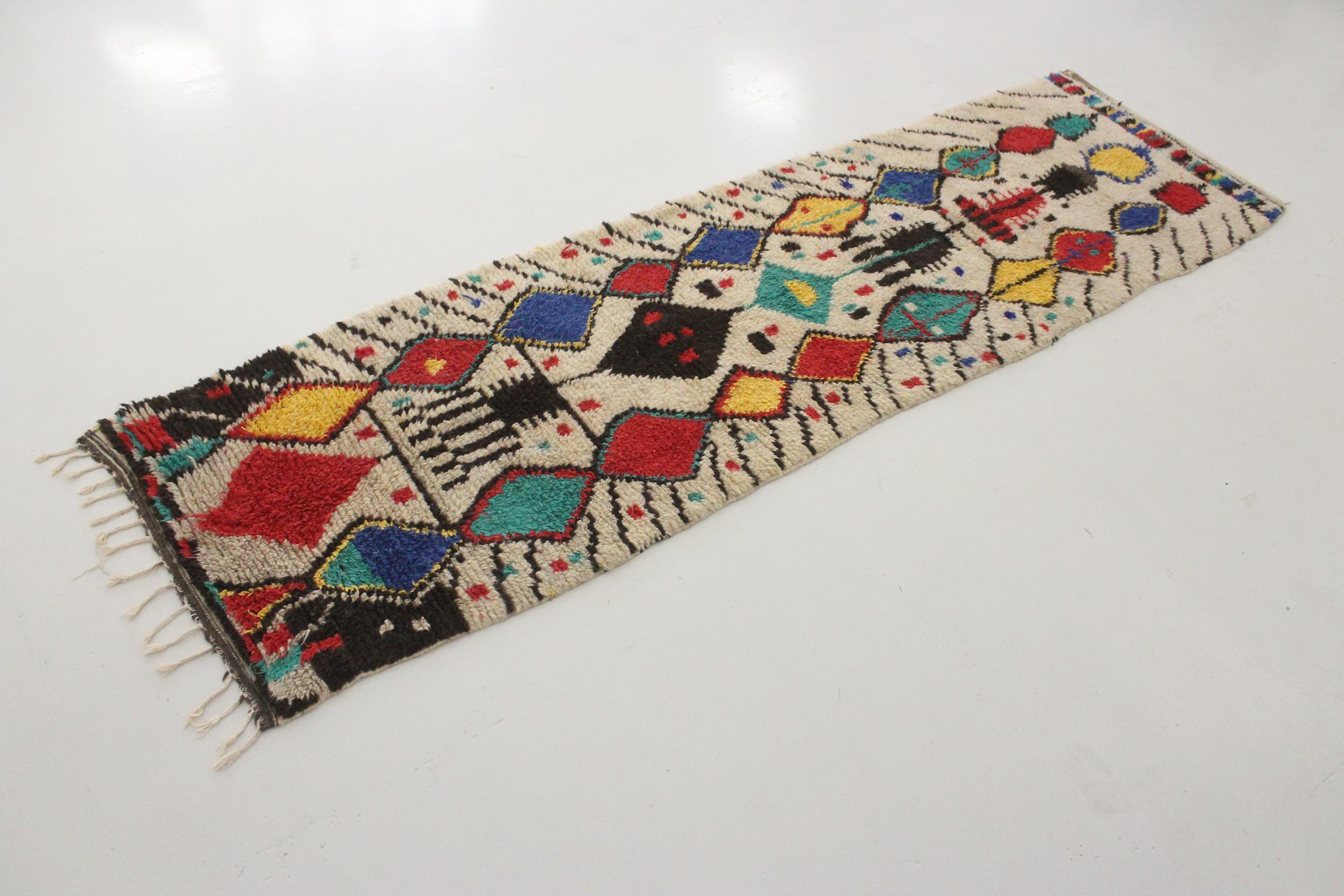 Hand-Woven Vintage Moroccan Azilal runner rug - 3.1x11.3feet / 95x345cm For Sale