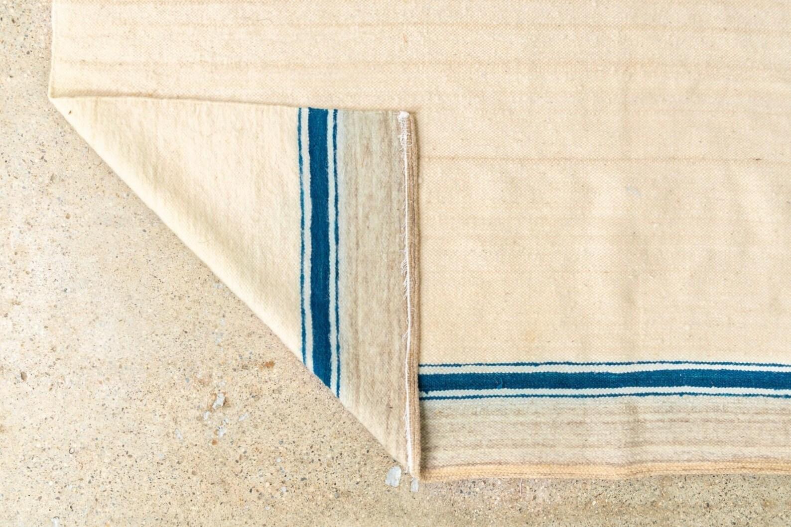 Vintage Moroccan Beige & Blue Striped Wool Kilim Floor Rug or Blanket 6x7 4