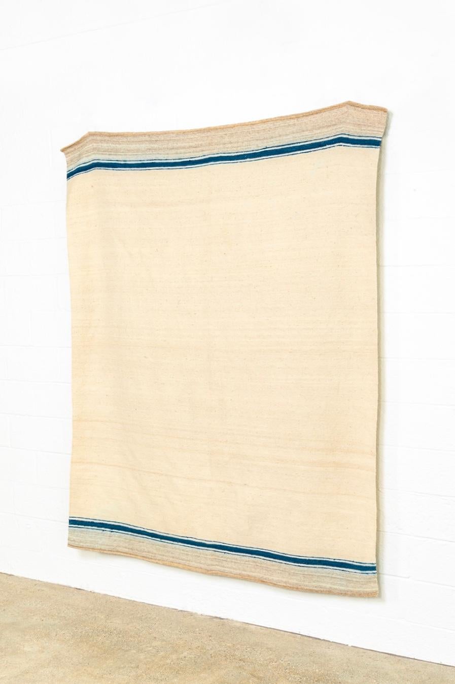 Tribal Vintage Moroccan Beige & Blue Striped Wool Kilim Floor Rug or Blanket 6x7 For Sale