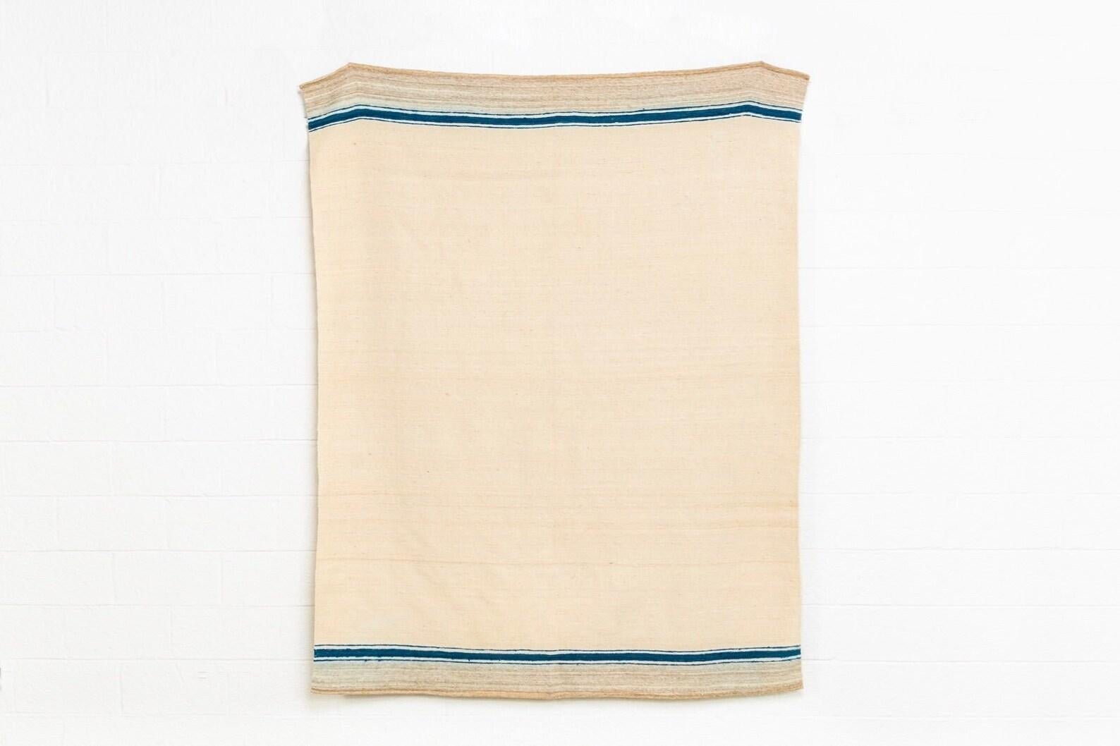 Hand-Woven Vintage Moroccan Beige & Blue Striped Wool Kilim Floor Rug or Blanket 6x7