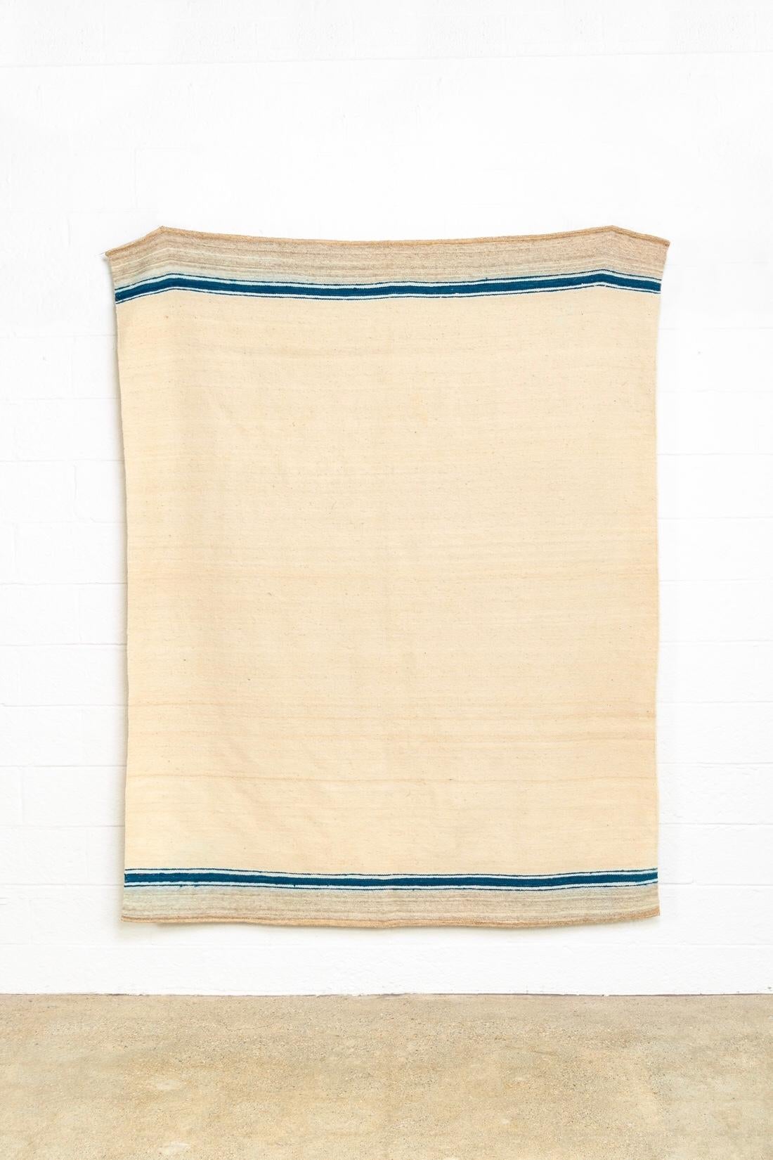 Hand-Woven Vintage Moroccan Beige & Blue Striped Wool Kilim Floor Rug or Blanket 6x7 For Sale