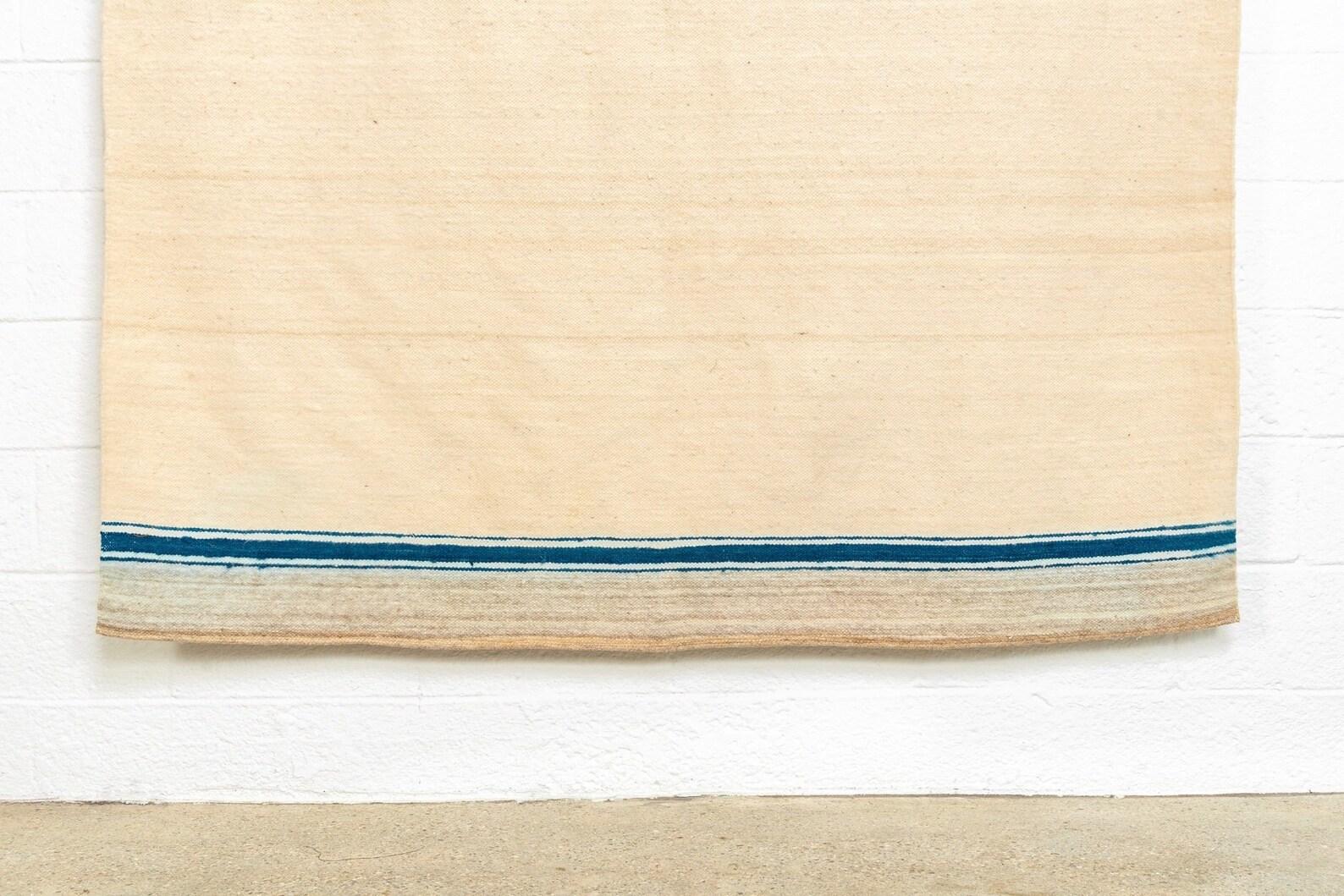 Vintage Moroccan Beige & Blue Striped Wool Kilim Floor Rug or Blanket 6x7 2