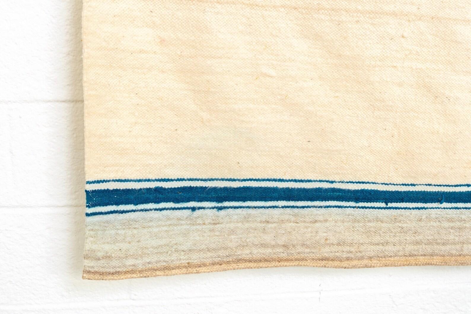 Vintage Moroccan Beige & Blue Striped Wool Kilim Floor Rug or Blanket 6x7 3