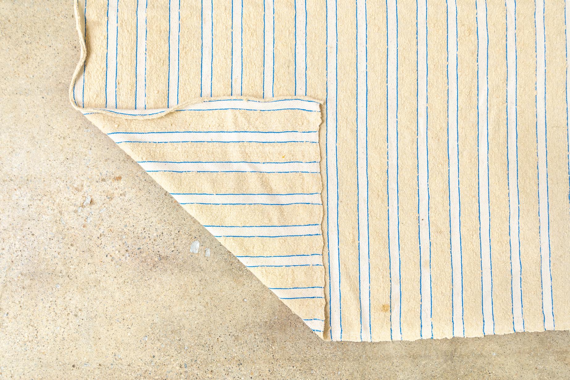 Vintage Moroccan Beige with Blue Stripes Wool Kilim Floor Rug or Blanket For Sale 4