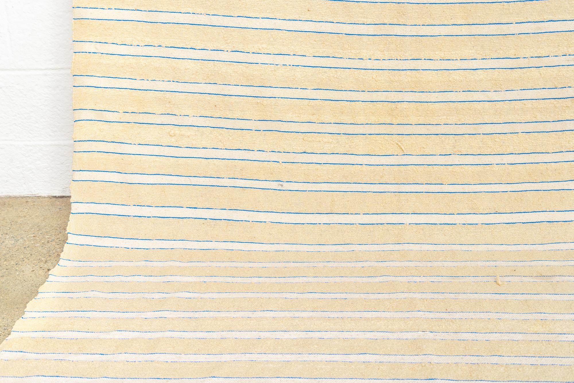 Vintage Moroccan Beige with Blue Stripes Wool Kilim Floor Rug or Blanket For Sale 1