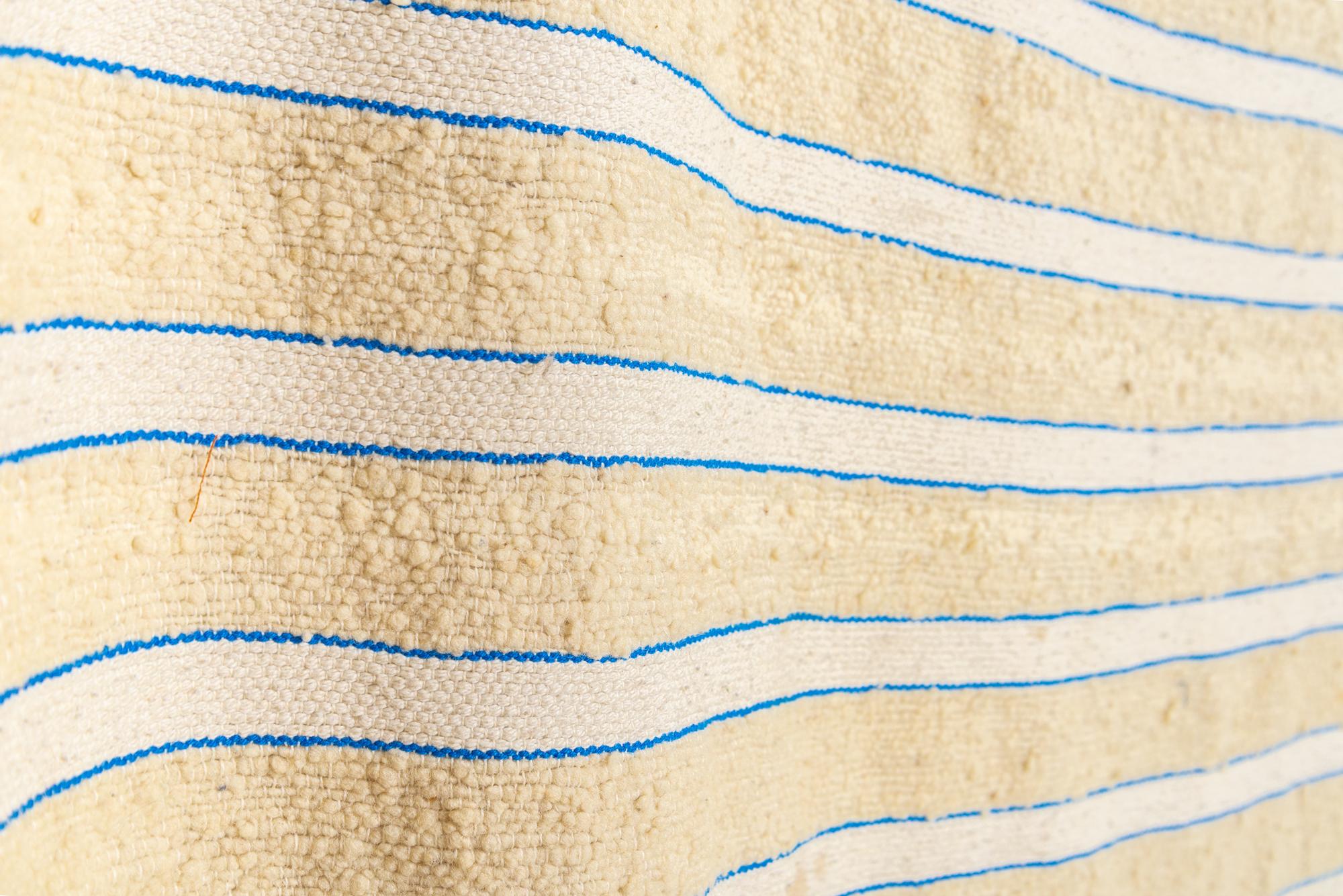 Vintage Moroccan Beige with Blue Stripes Wool Kilim Floor Rug or Blanket For Sale 2