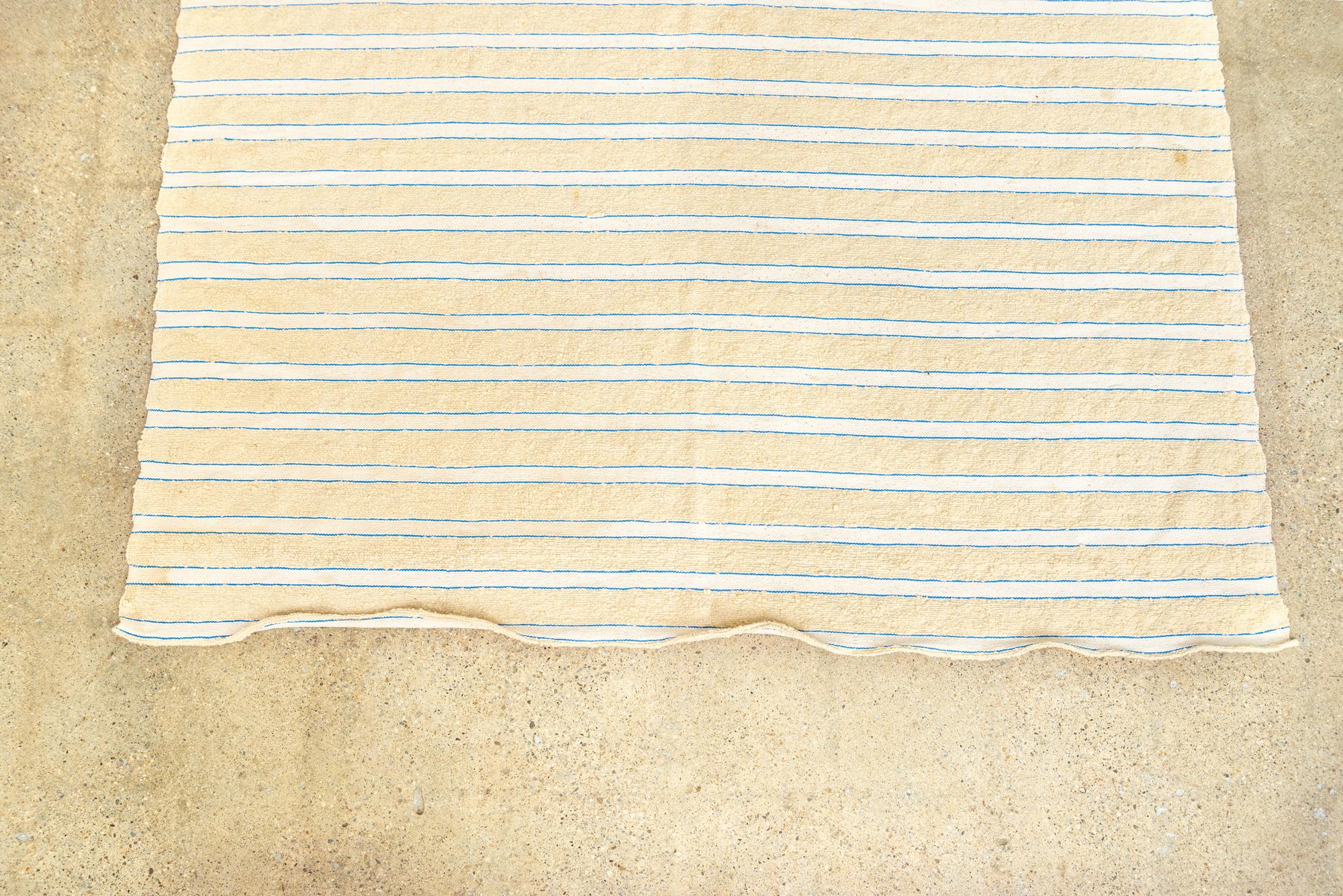 Vintage Moroccan Beige with Blue Stripes Wool Kilim Floor Rug or Blanket For Sale 3